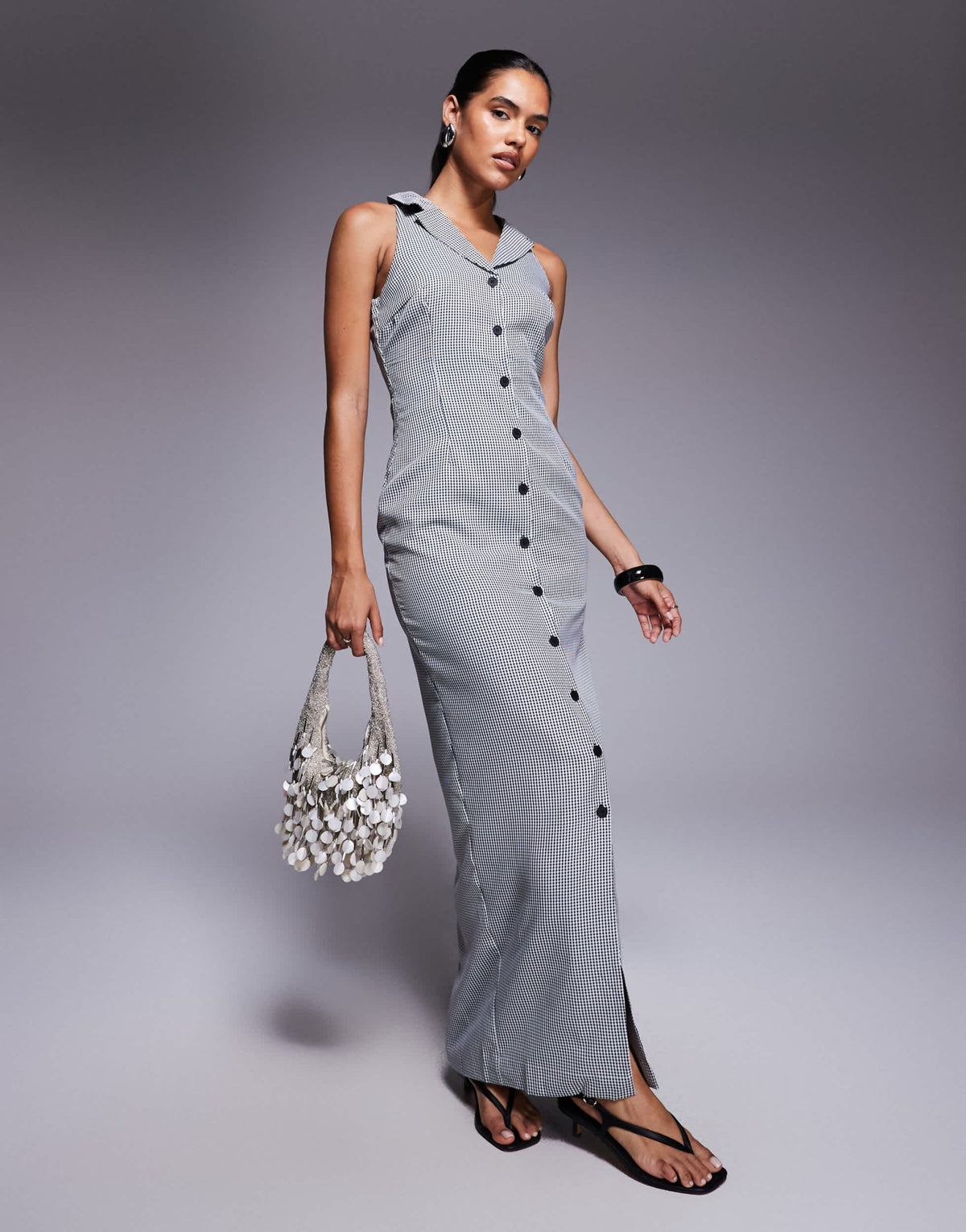 Kaiia exclusive halter neck collared button through maxi dress in black gingham - ASOS Sample Sale