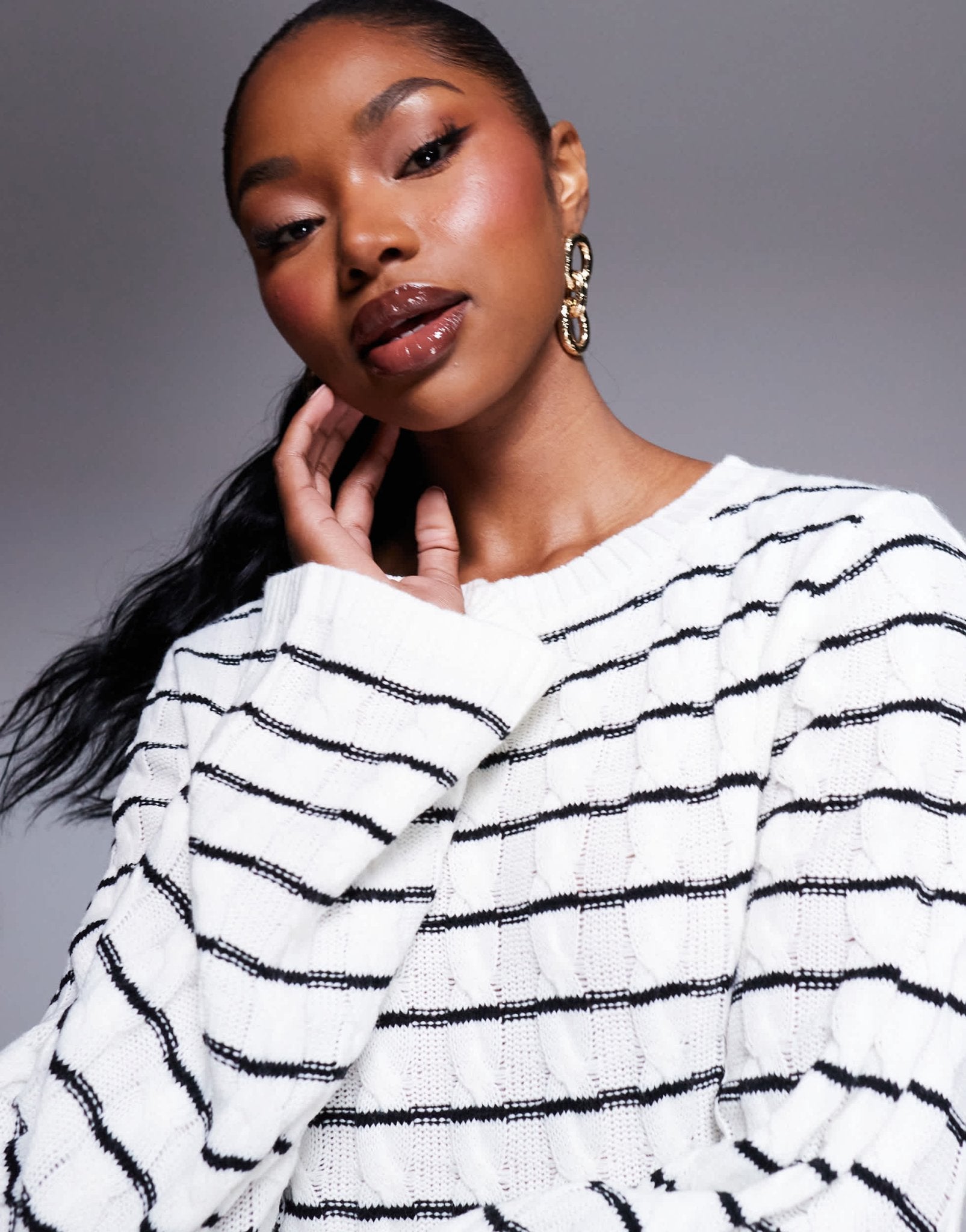 Kaiia exclusive knitted maxi jumper dress in black and cream stripe - ASOS Sample Sale