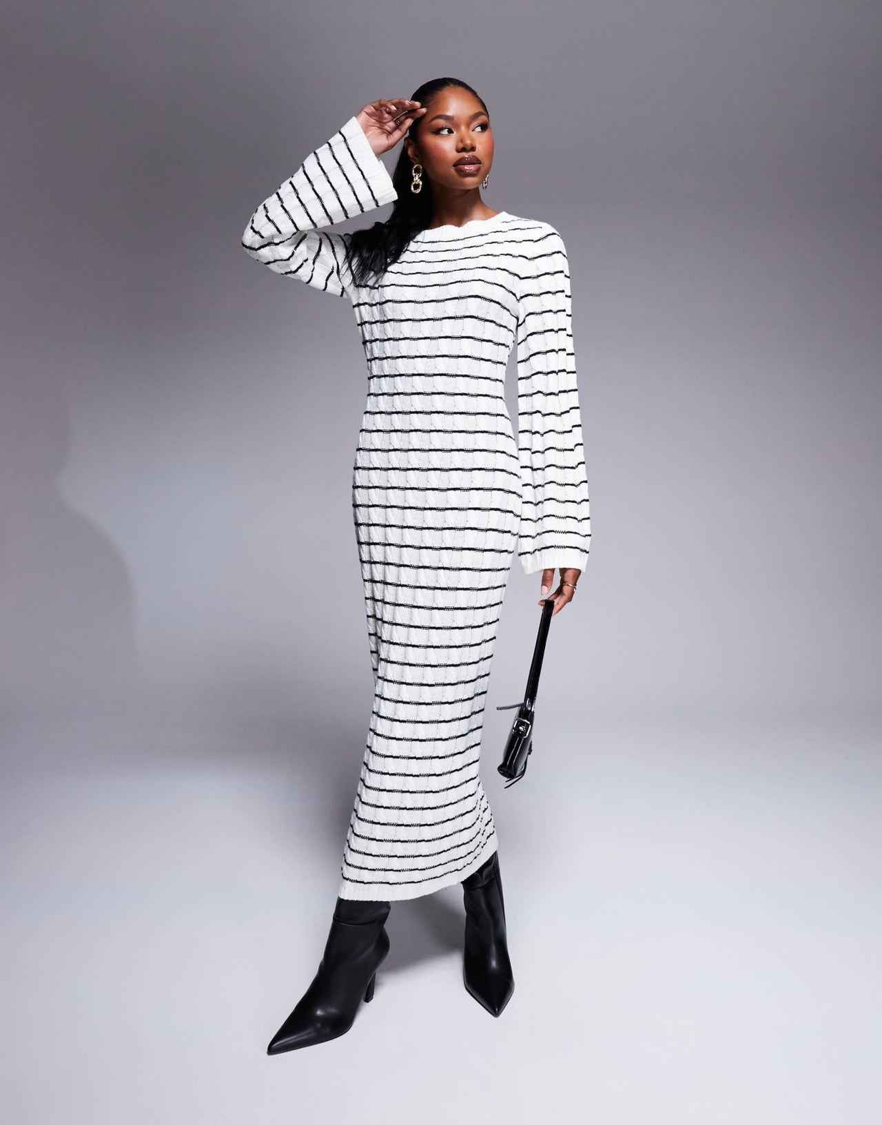Kaiia exclusive knitted maxi jumper dress in black and cream stripe - ASOS Sample Sale