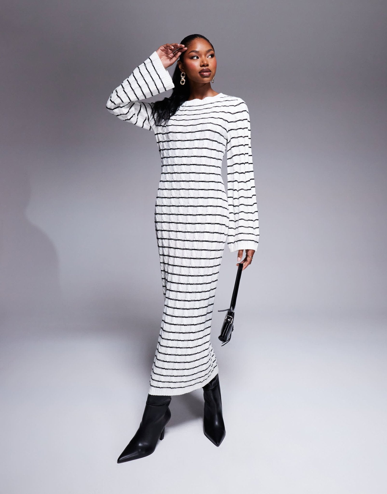 Kaiia exclusive knitted maxi jumper dress in black and cream stripe - ASOS Sample Sale