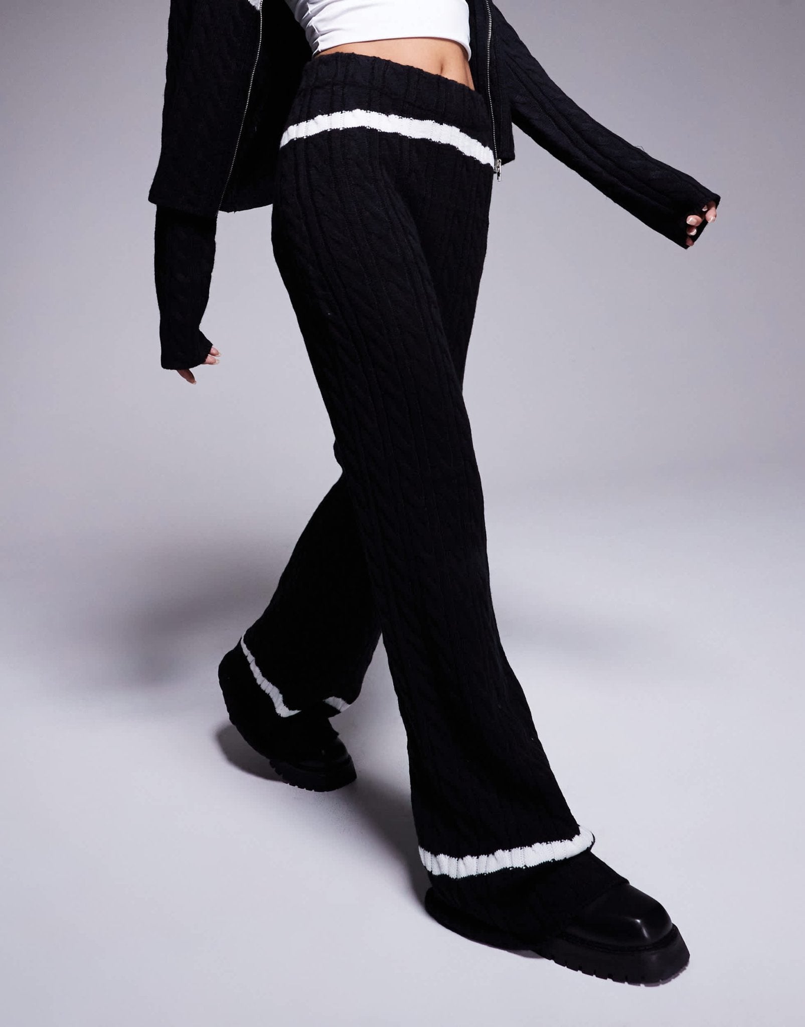 Kaiia exclusive knitted wide leg contrast stripe trousers co - ord in mono - ASOS Sample Sale
