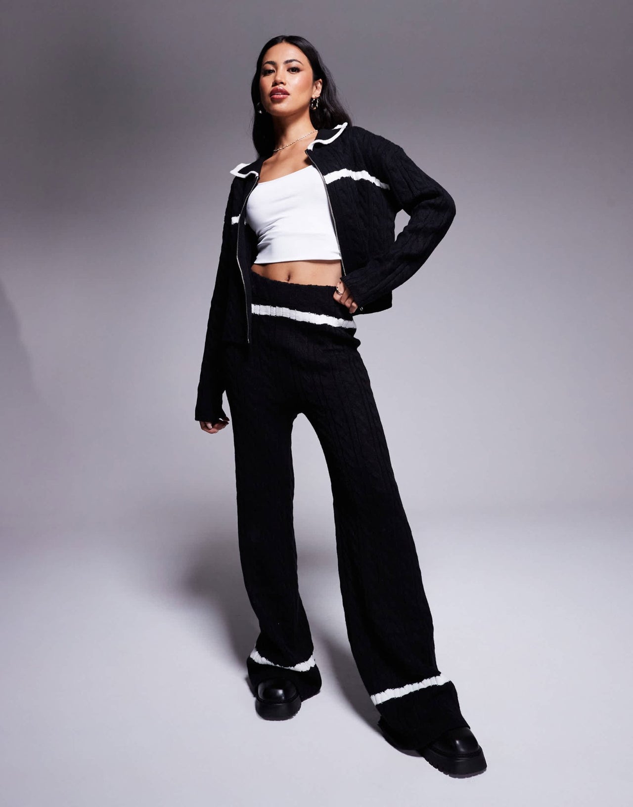 Kaiia exclusive knitted wide leg contrast stripe trousers co - ord in mono - ASOS Sample Sale