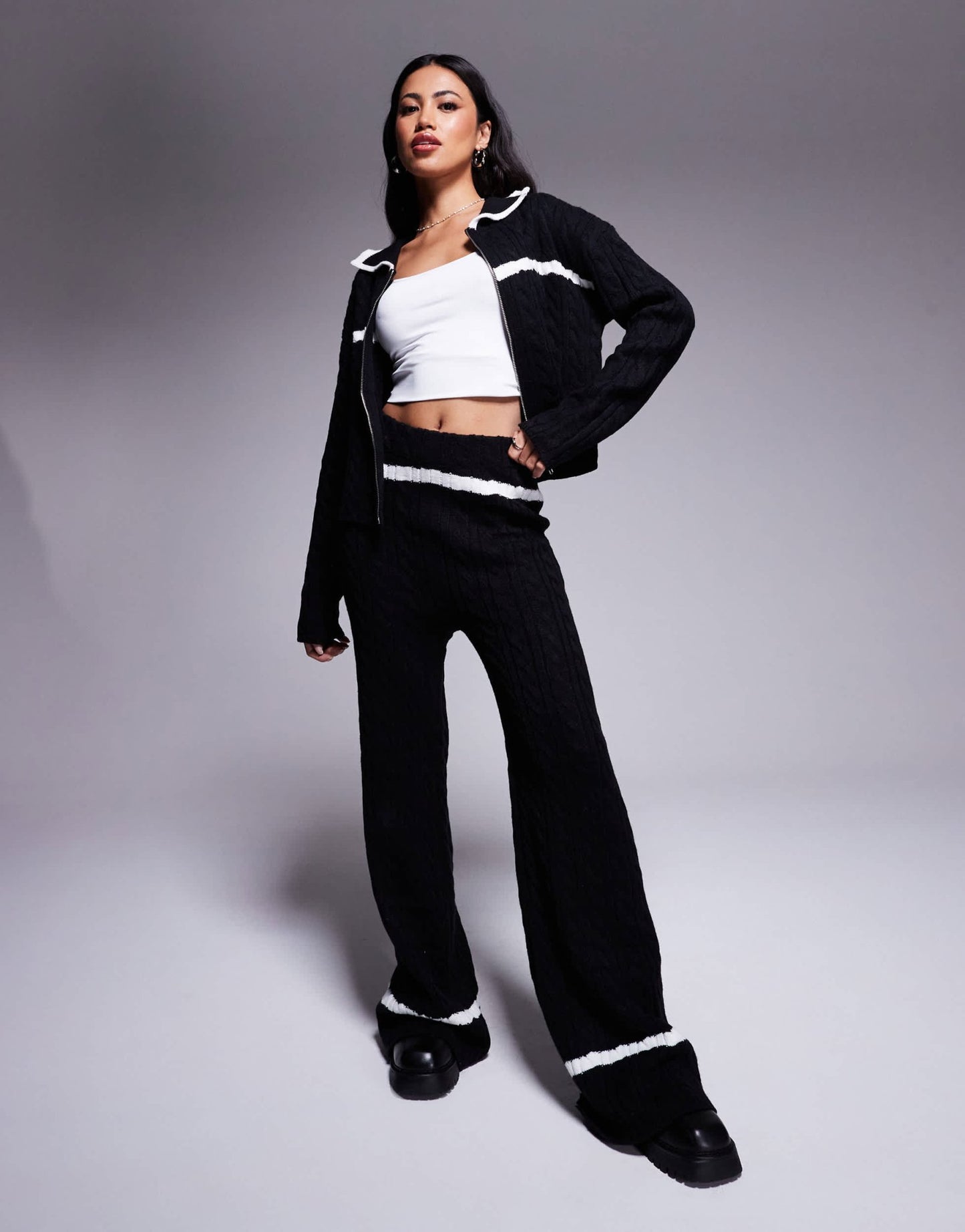 Kaiia exclusive knitted wide leg contrast stripe trousers co - ord in mono - ASOS Sample Sale