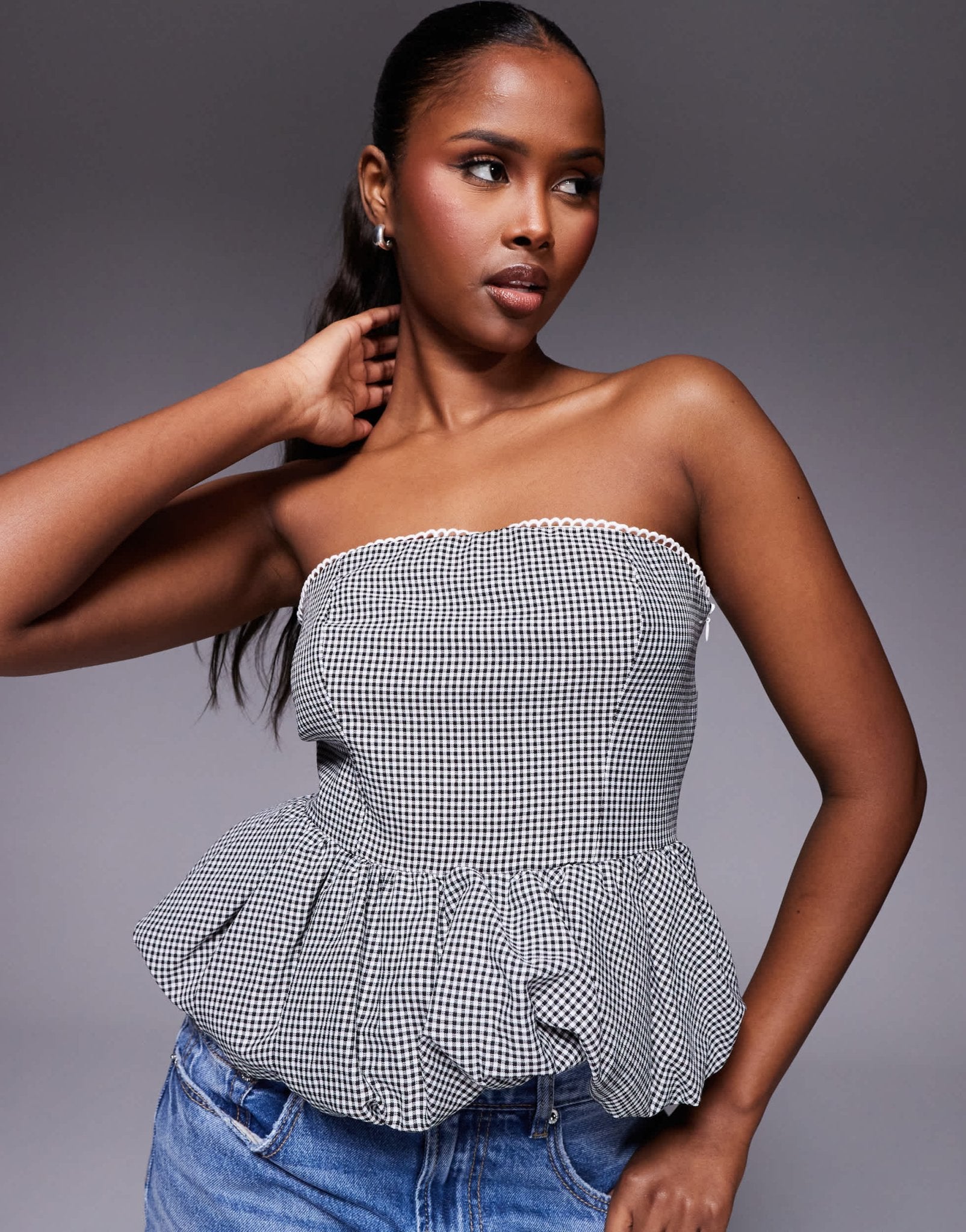 Kaiia exclusive lace trim puffball bandeau top in black gingham - ASOS Sample Sale