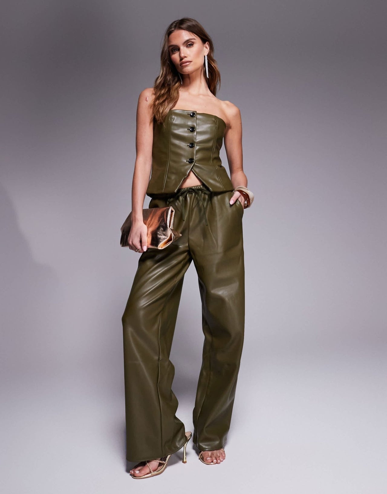 Kaiia exclusive leather look wide leg drawstring trousers co - ord in green - ASOS Sample Sale