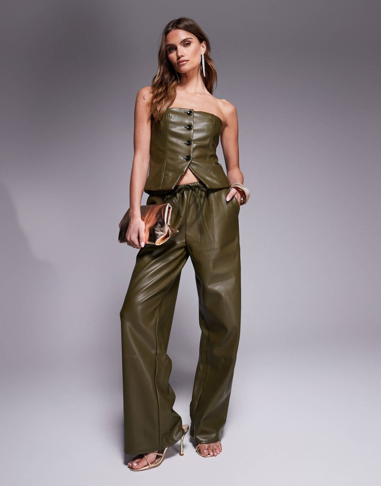 Kaiia exclusive leather look wide leg drawstring trousers co - ord in green - ASOS Sample Sale