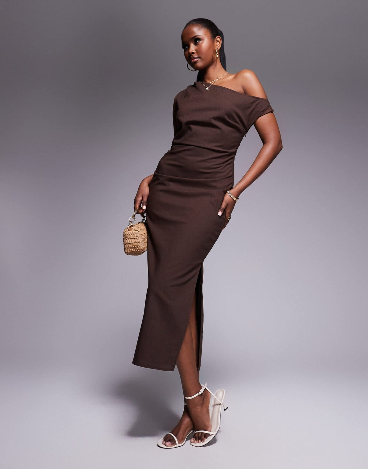 Kaiia exclusive linen look off shoulder twist detail midi dress in chocolate brown - ASOS Sample Sale