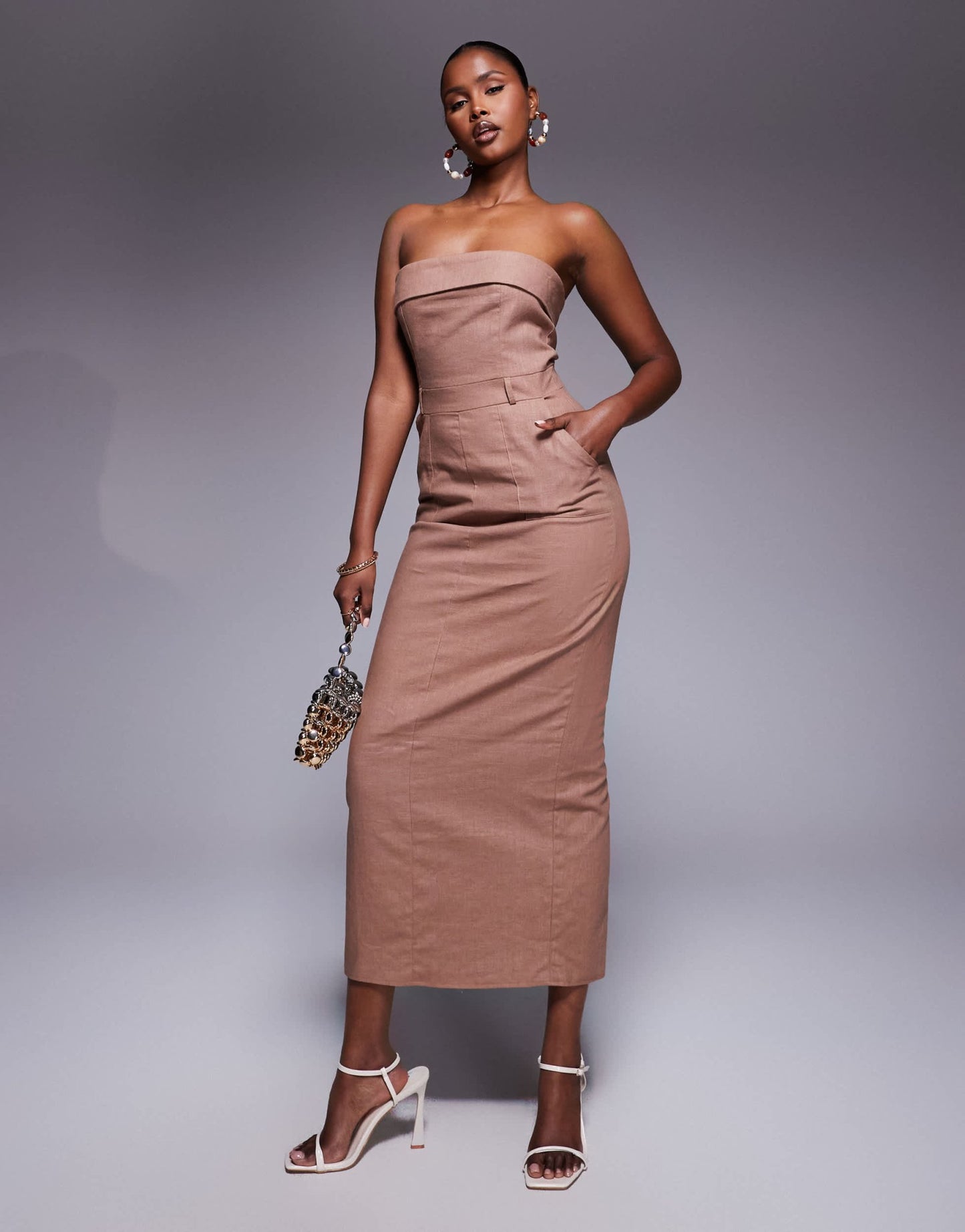 Kaiia exclusive linen tailored fold over bandeau back split maxi dress in brown - ASOS Sample Sale