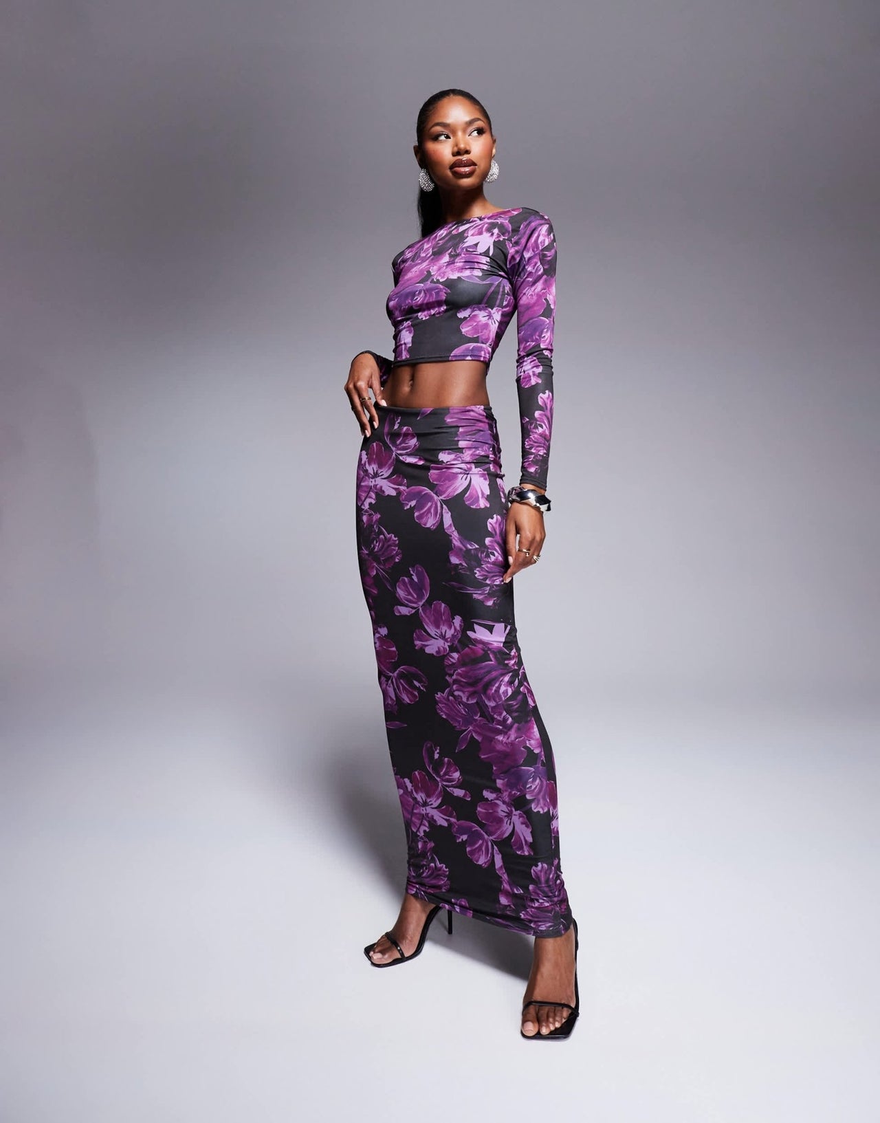 Kaiia exclusive low back slinky long sleeve top co - ord in purple print - ASOS Sample Sale