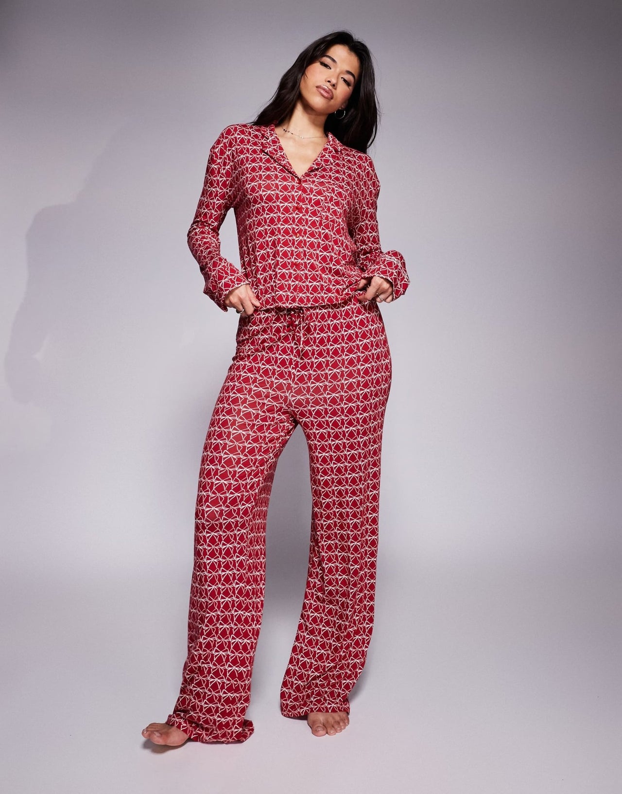 Kaiia exclusive mix and match cropped button through pyjama top co - ord in burgundy bow print - ASOS Sample Sale
