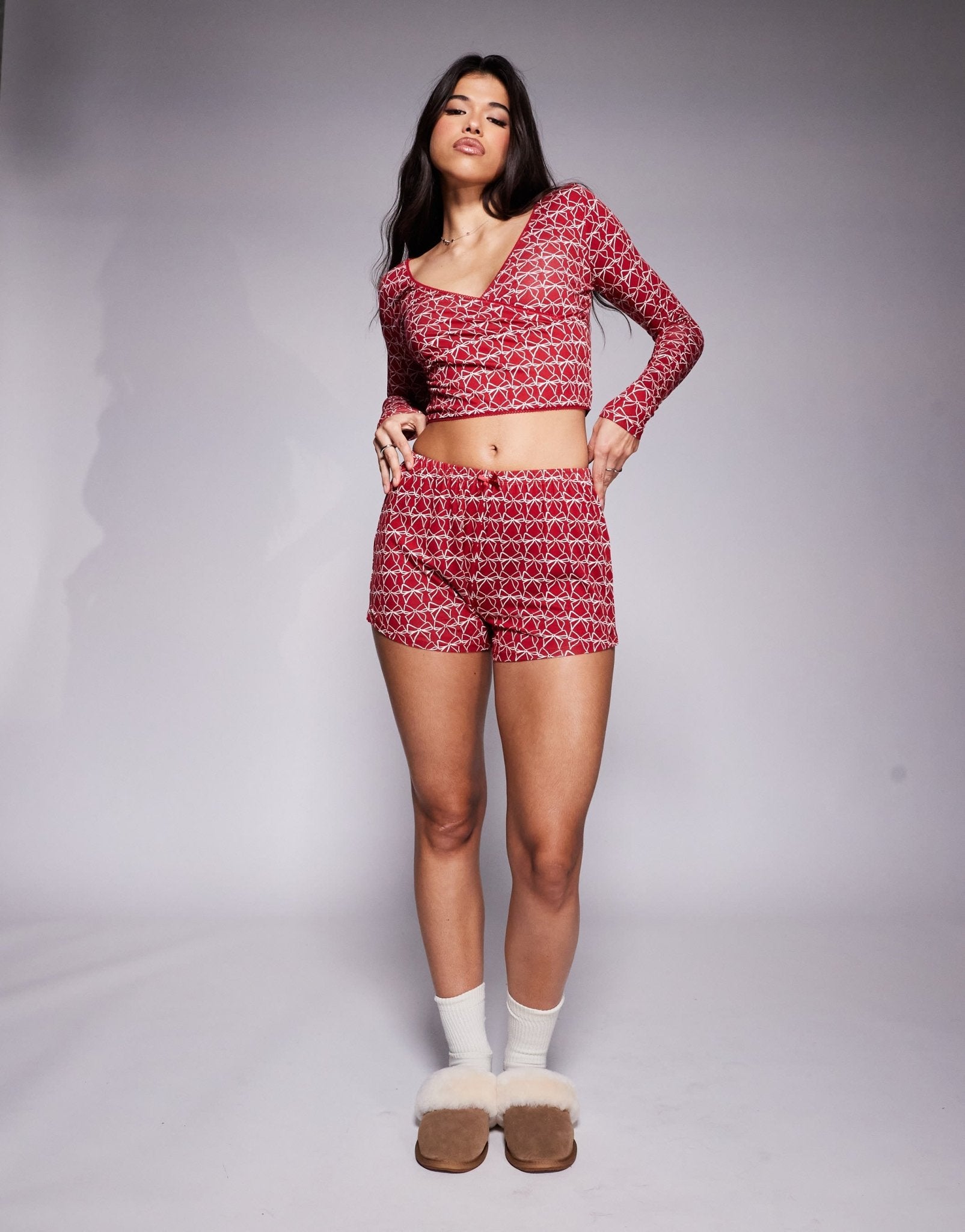 Kaiia exclusive mix and match wrap front pyjama top co - ord in burgundy bow print - ASOS Sample Sale