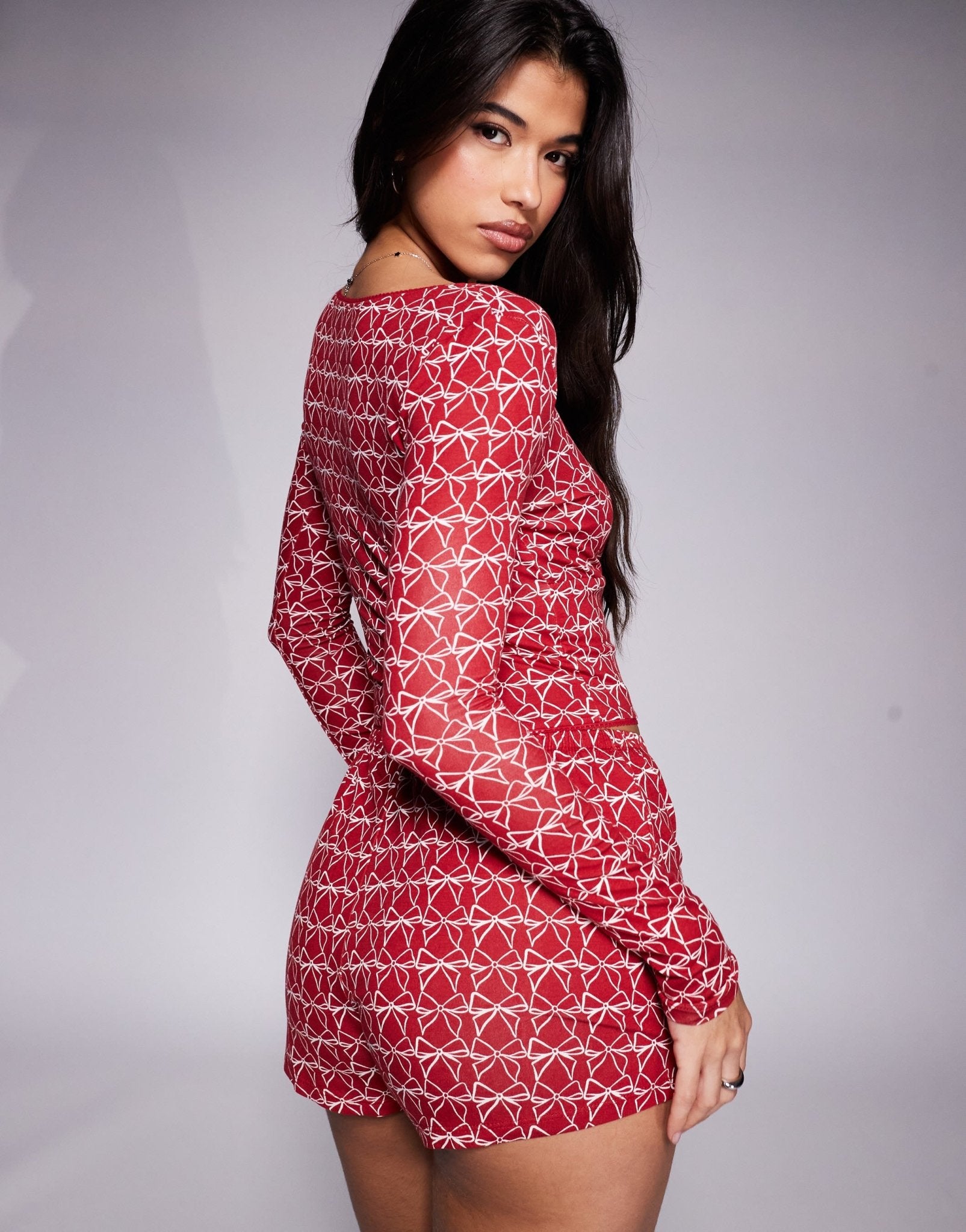 Kaiia exclusive mix and match wrap front pyjama top co - ord in burgundy bow print - ASOS Sample Sale