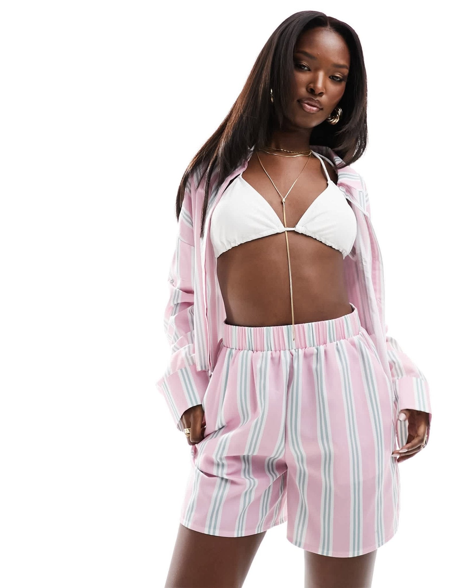 Kaiia exclusive poplin shorts co - ord in pink stripe - ASOS Sample Sale