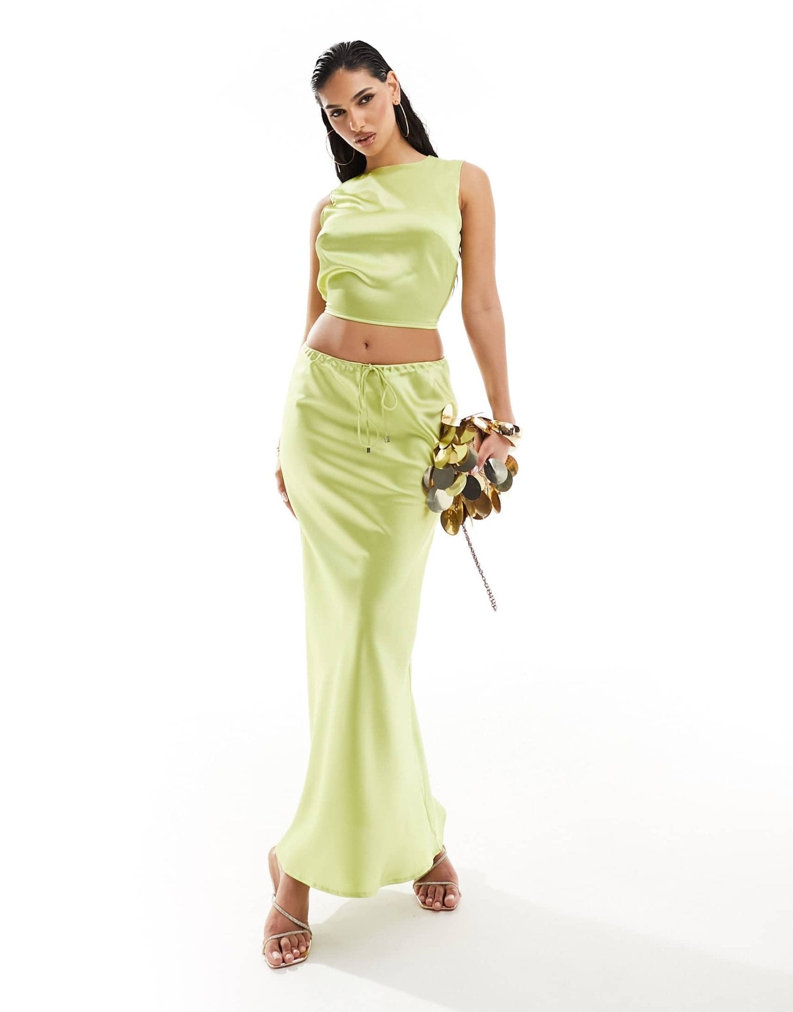 Kaiia exclusive satin high neck open tie back top co - ord in lime - ASOS Sample Sale
