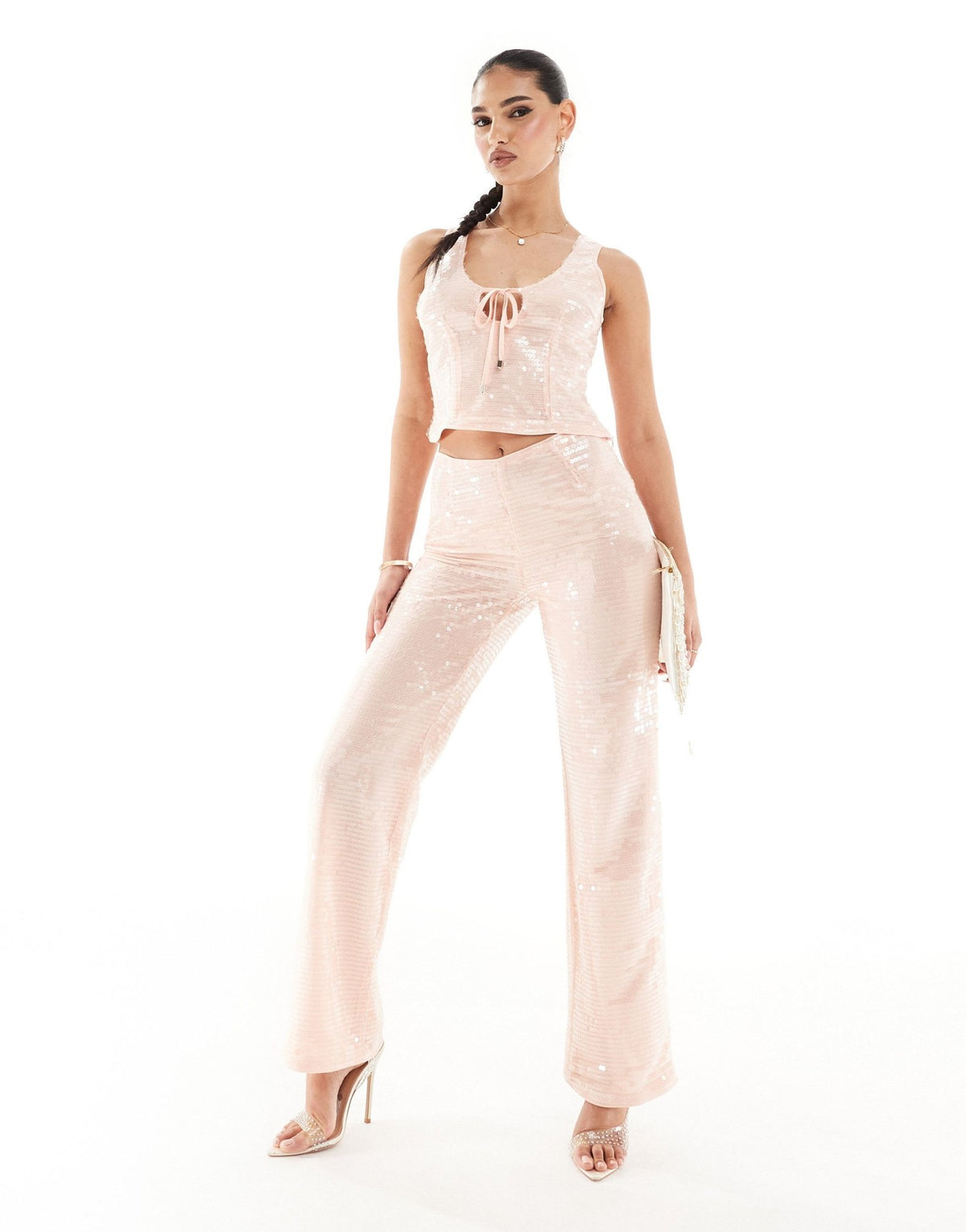 Kaiia exclusive sequin sleeveless tie front top co - ord in pale pink - ASOS Sample Sale