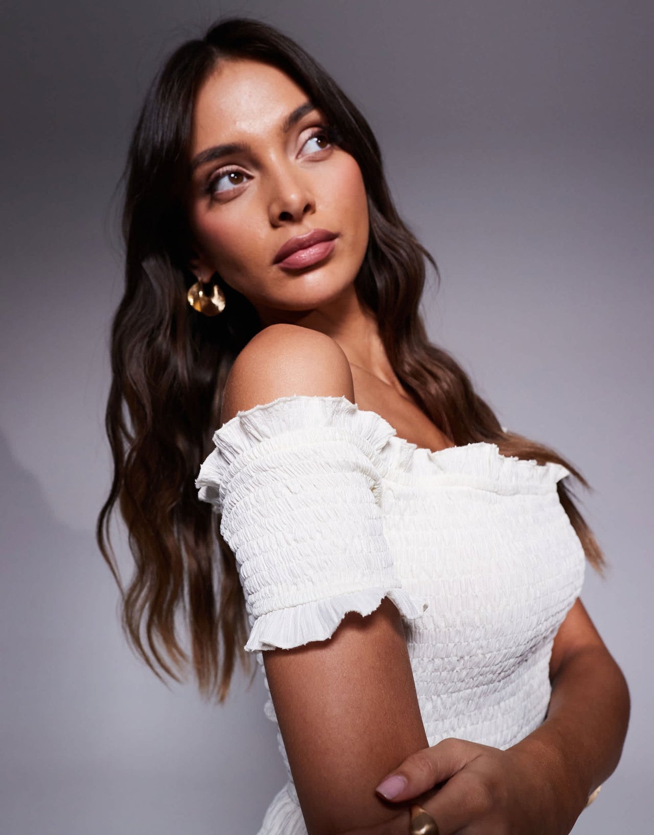 Kaiia exclusive shirred textured peplum bardot top co-ord in cream - ASOS Sample Sale
