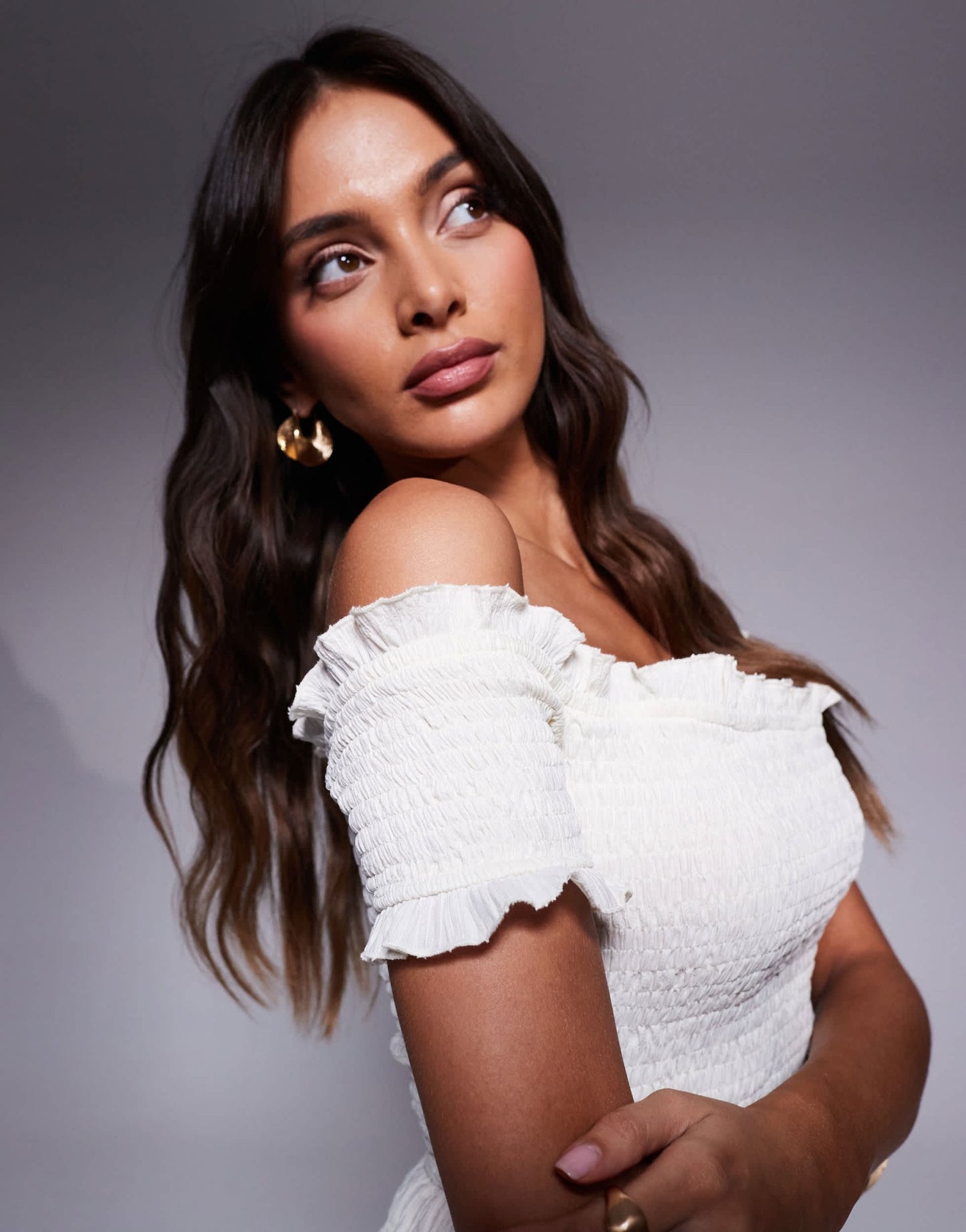 Kaiia exclusive shirred textured peplum bardot top co-ord in cream - ASOS Sample Sale