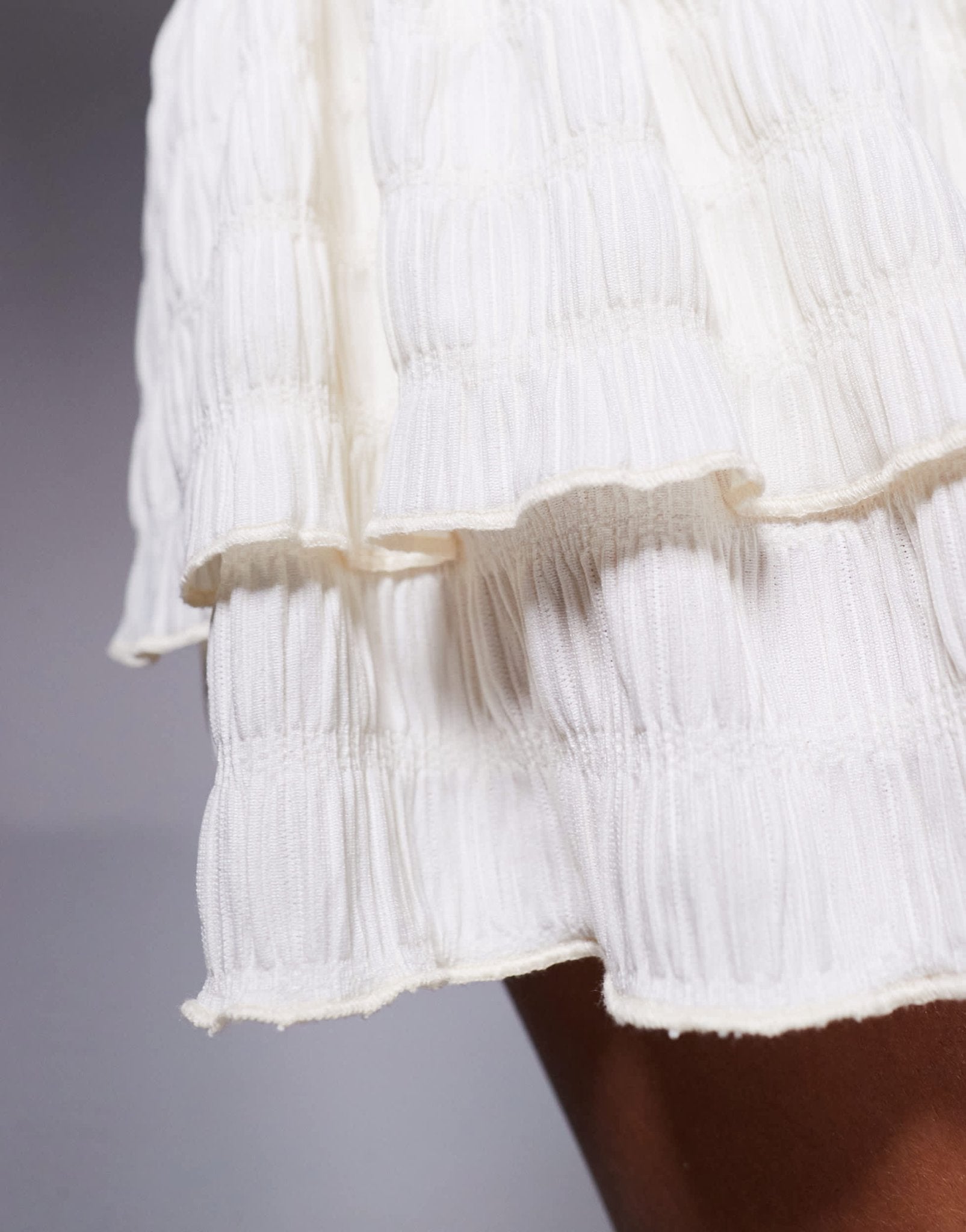 Kaiia exclusive shirred waist textured ruffle hem rara mini skirt co-ord in cream - ASOS Sample Sale