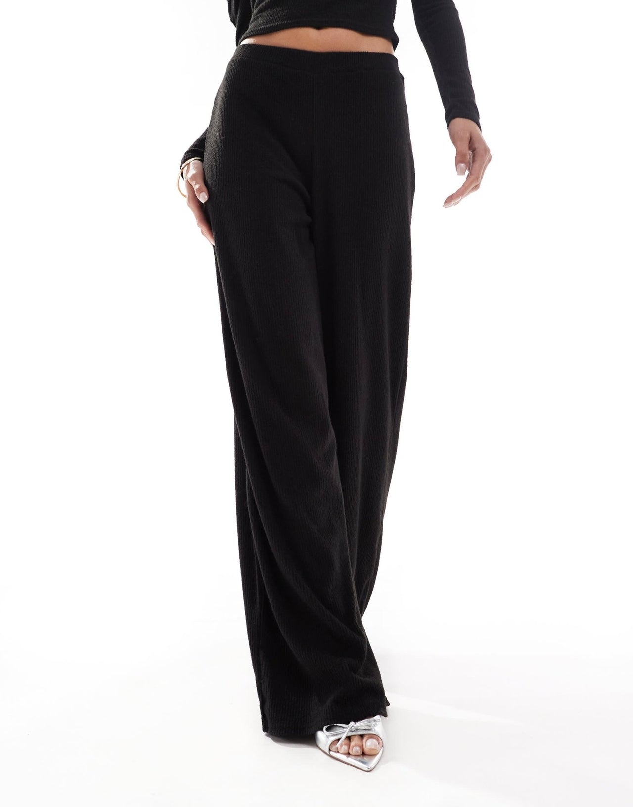 Kaiia exclusive soft rib wide leg trousers co - ord in black - ASOS Sample Sale
