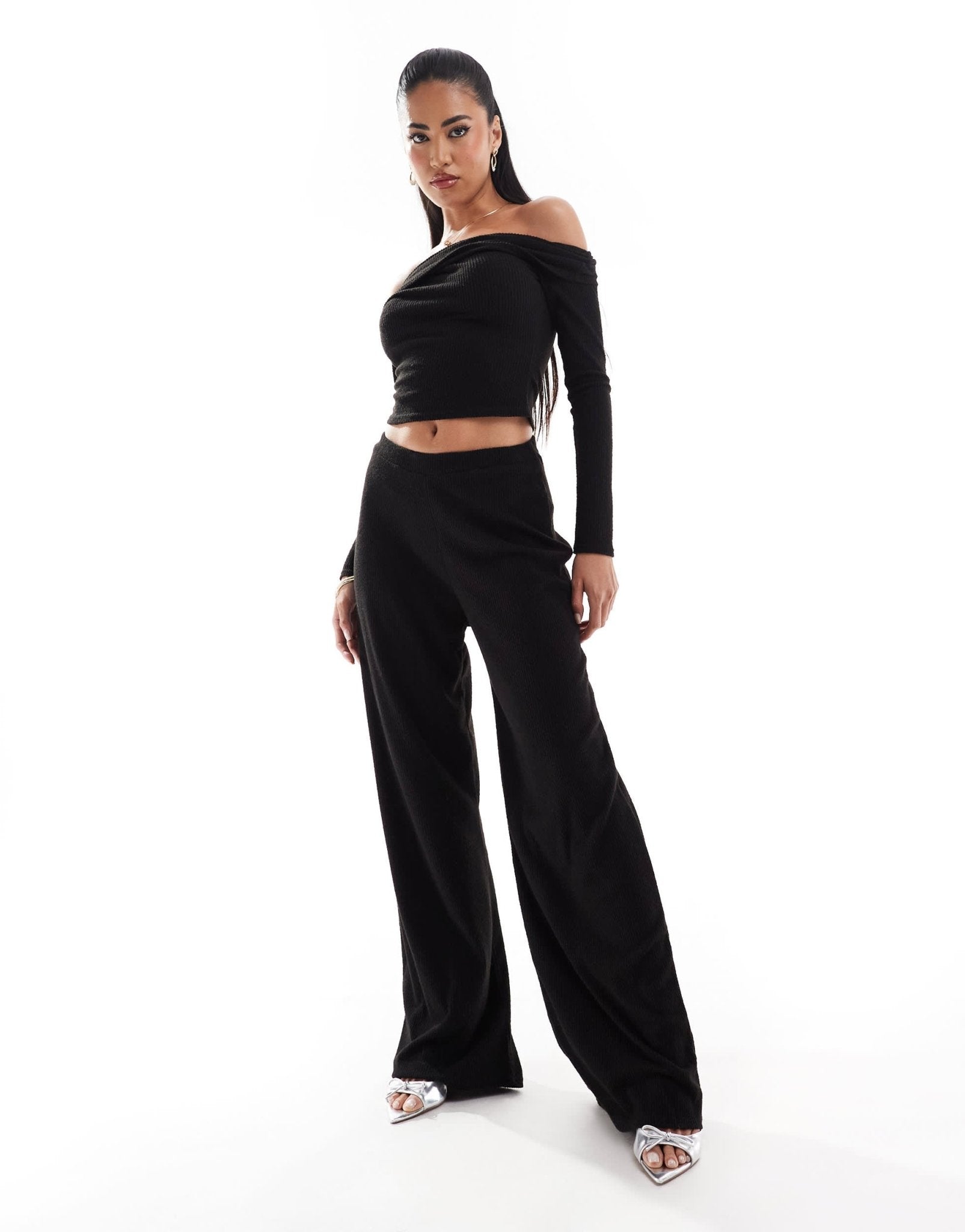 Kaiia exclusive soft rib wide leg trousers co - ord in black - ASOS Sample Sale