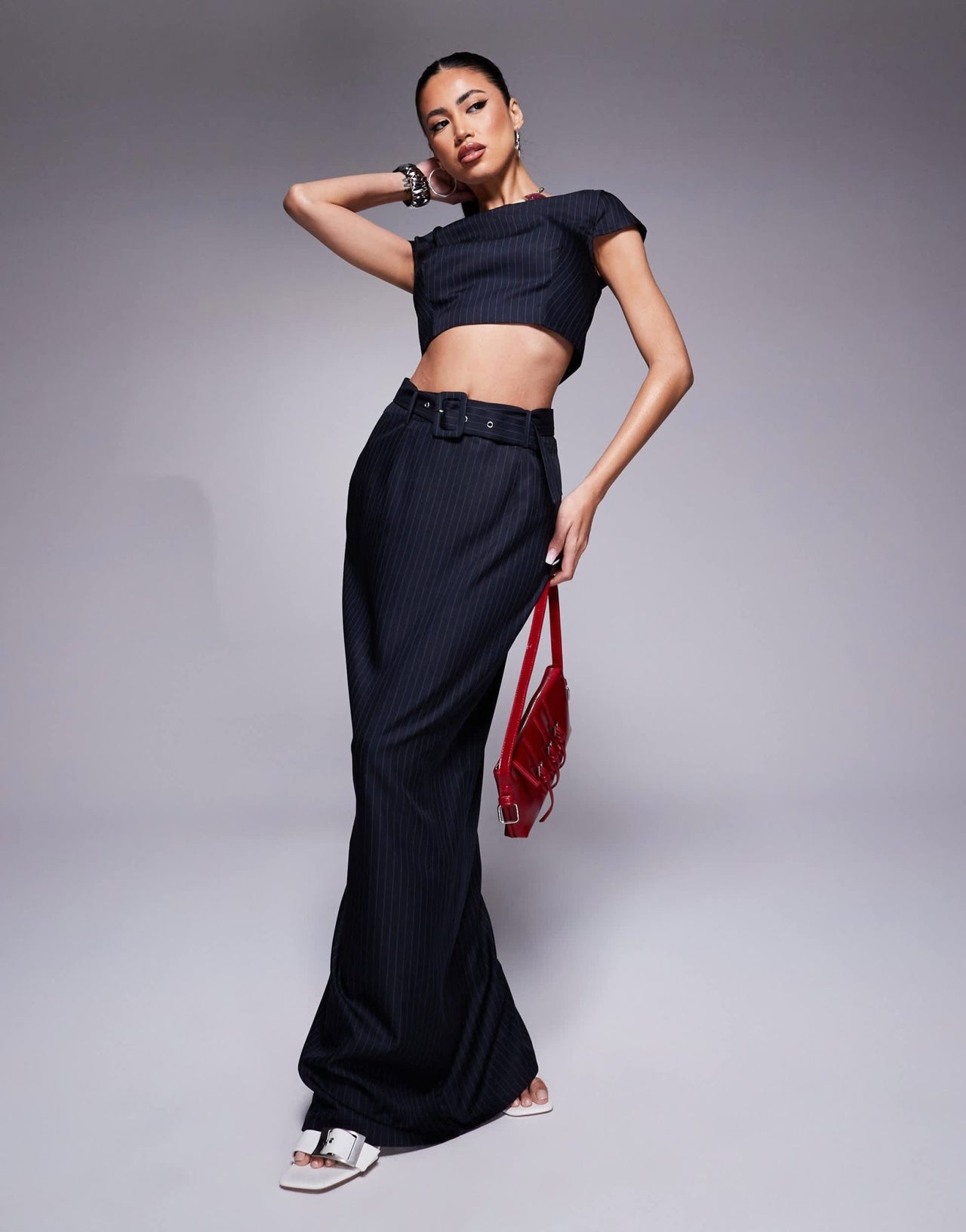 Kaiia exclusive tailored belt detail maxi skirt co - ord in navy pinstripe - ASOS Sample Sale