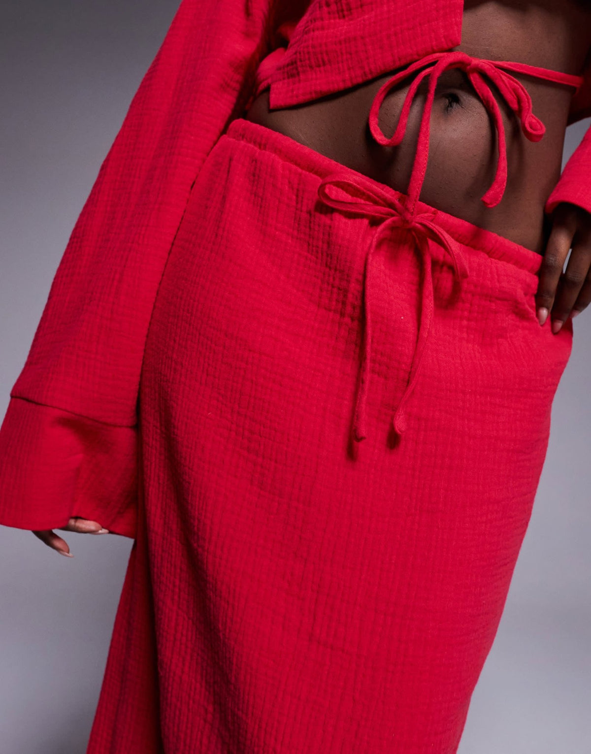Kaiia exclusive textured cotton drawstring maxi skirt co-ord in red - ASOS Sample Sale