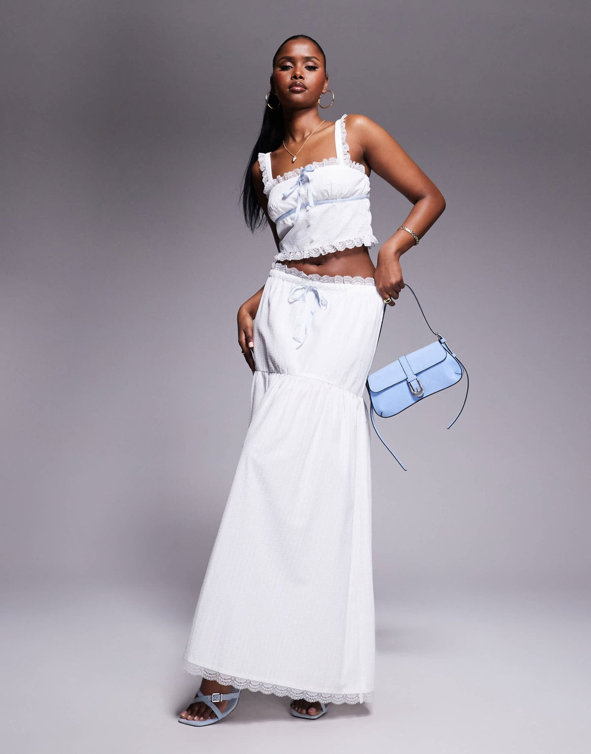 Kaiia exclusive textured lace trim contrast blue tie detail crop top co-ord in white - ASOS Sample Sale