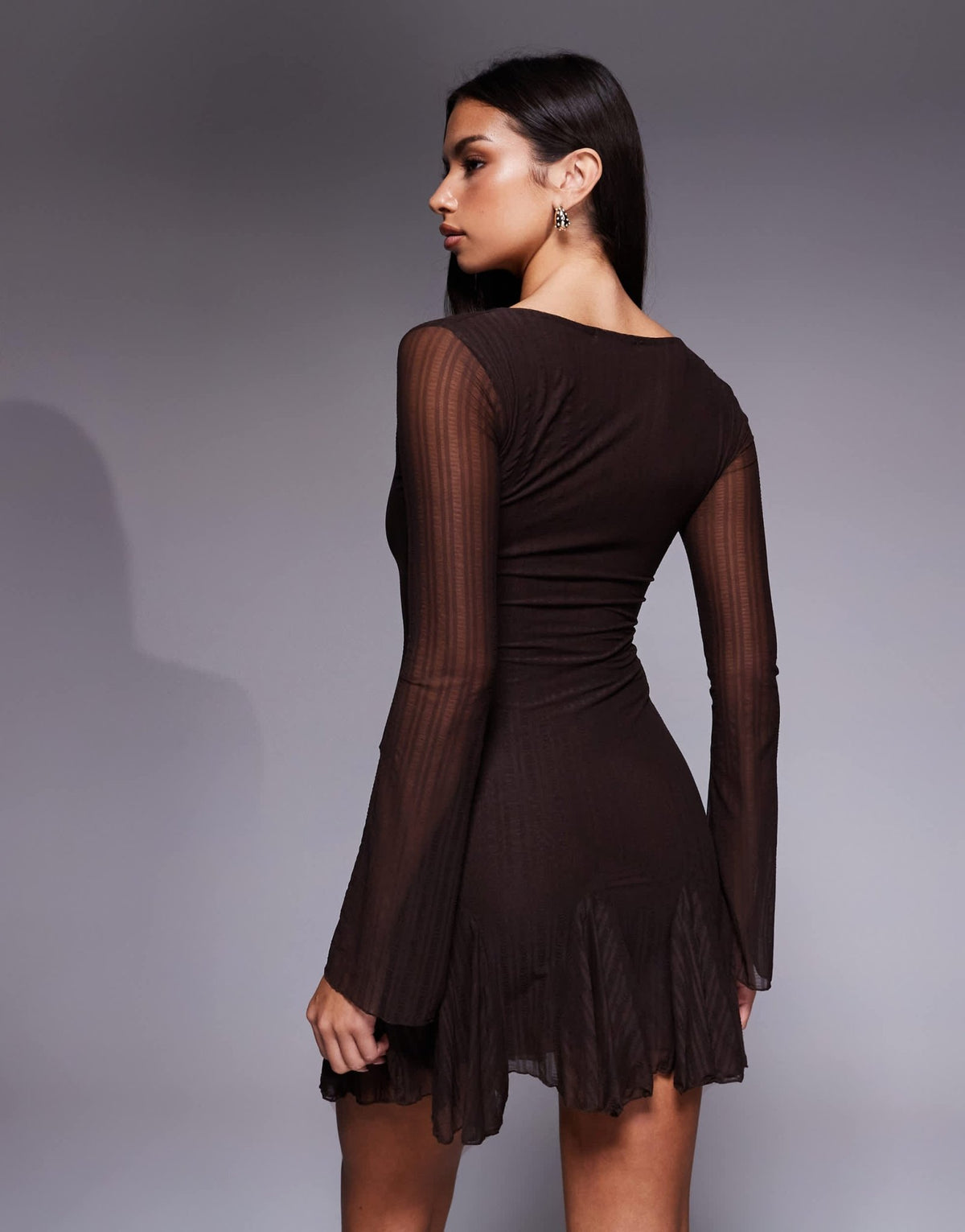Kaiia exclusive textured slinky mesh long sleeve rara hem mini dress in chocolate - ASOS Sample Sale