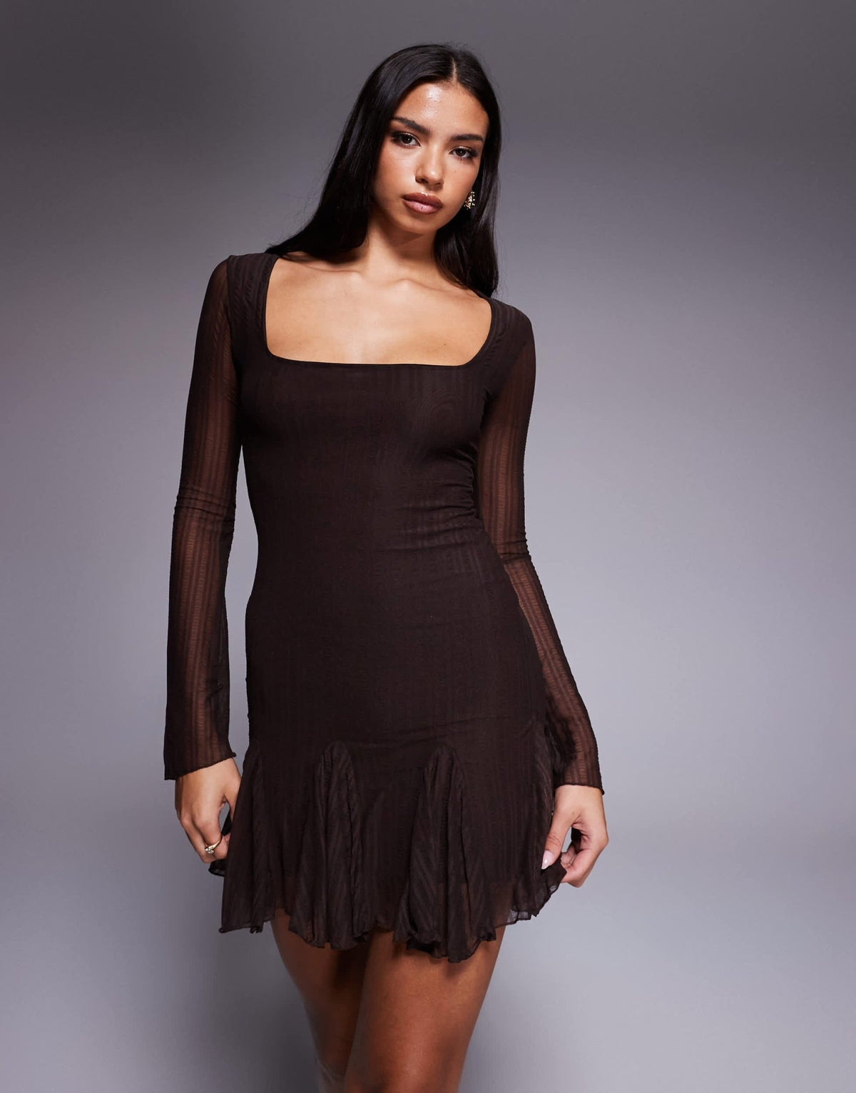 Kaiia exclusive textured slinky mesh long sleeve rara hem mini dress in chocolate - ASOS Sample Sale