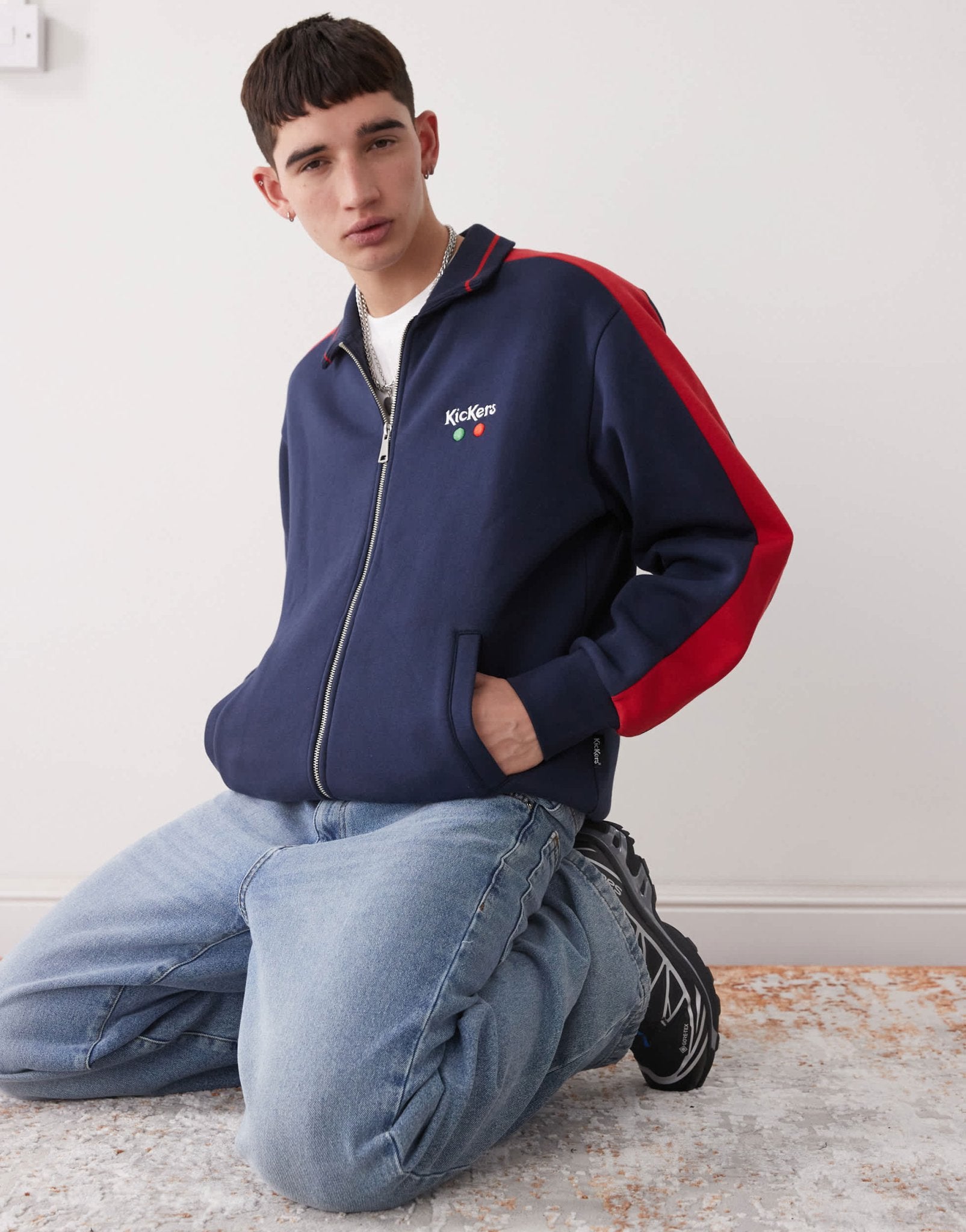 Kickers zip up jersey jacket with red stripe in navy - ASOS Sample Sale