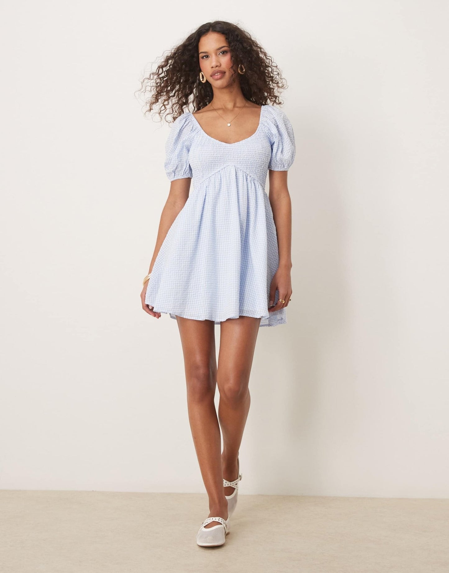 Kiss The Sky babydoll shirred mini dress in blue and white - ASOS Sample Sale
