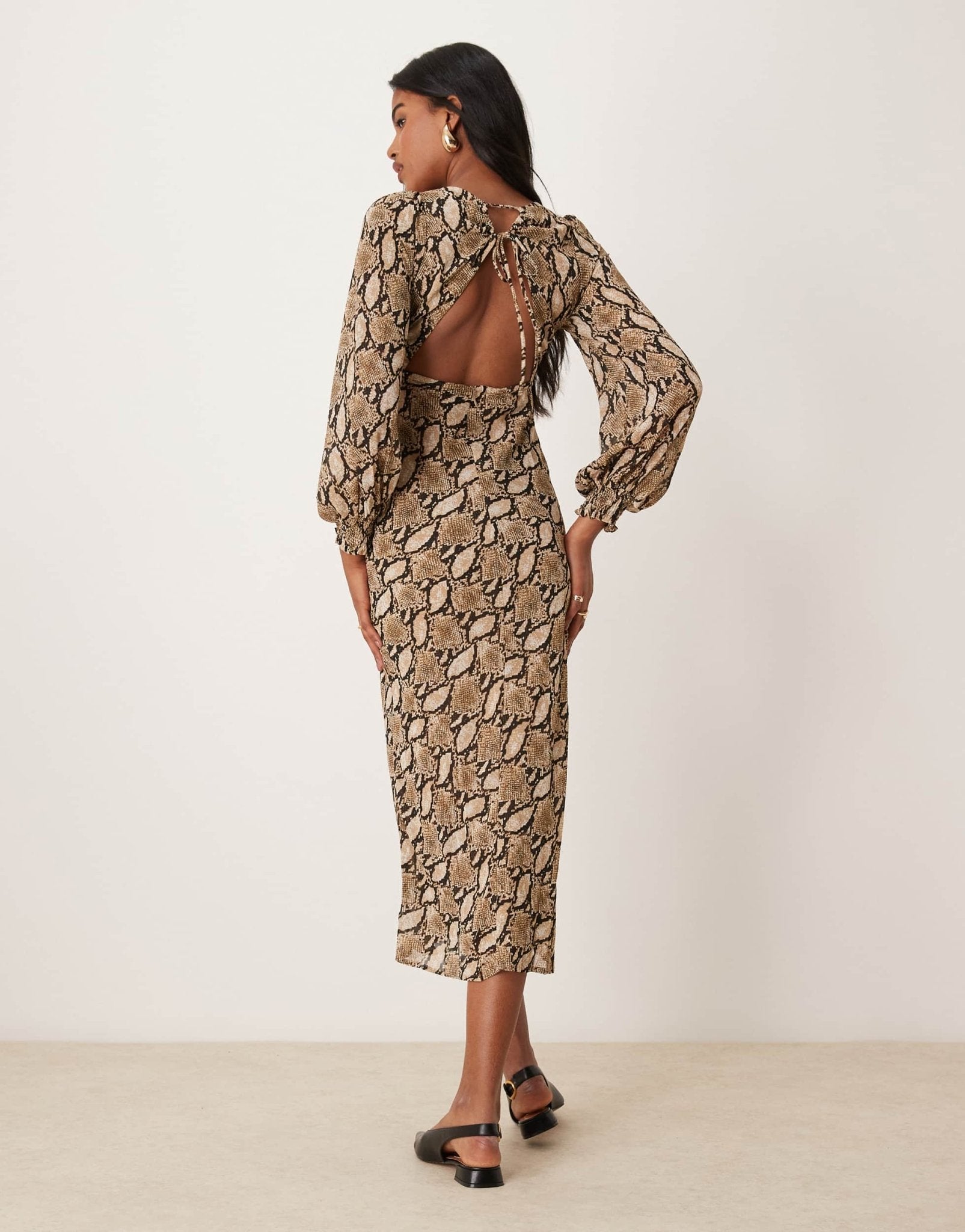 Kiss The Sky long sleeve maxi dress with open back in snake print - ASOS Sample Sale