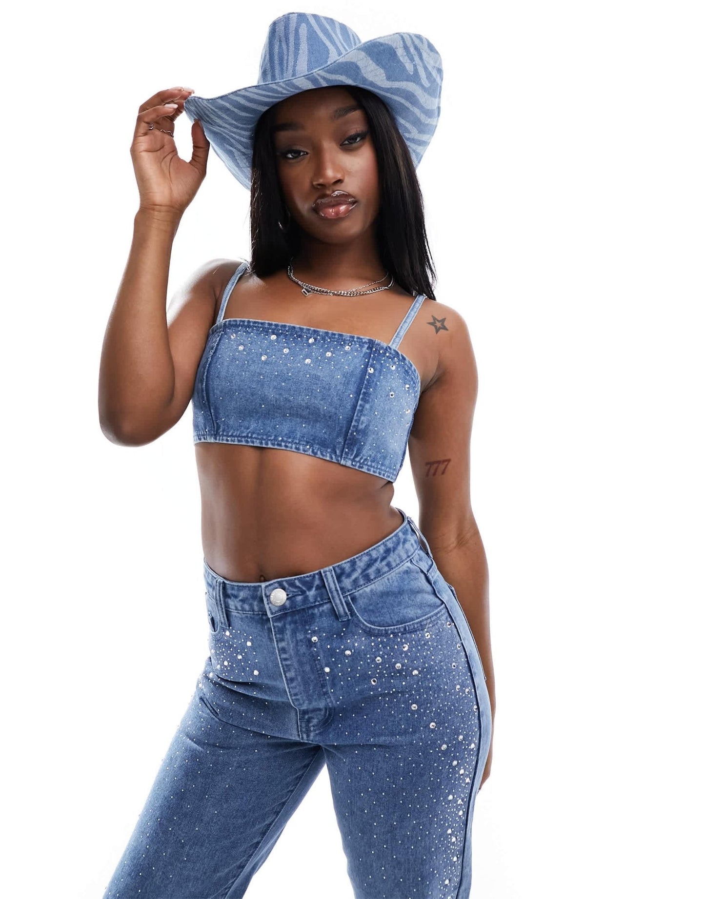 Kyo The Brand denim diamante cami bralet co - ord in blue wash - ASOS Sample Sale