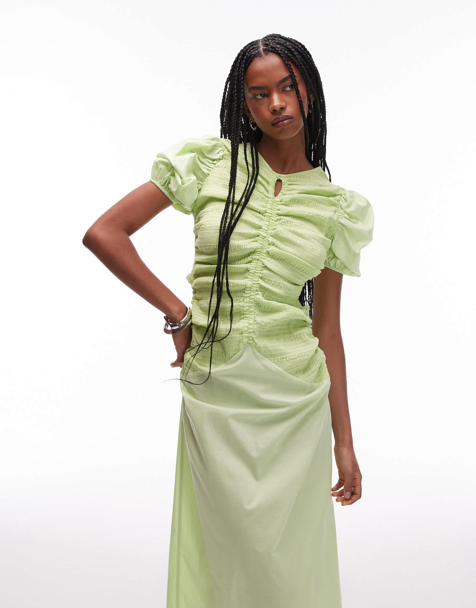 LAAGAM boa ruched front midi dress with puff sleeves in green - ASOS Sample Sale