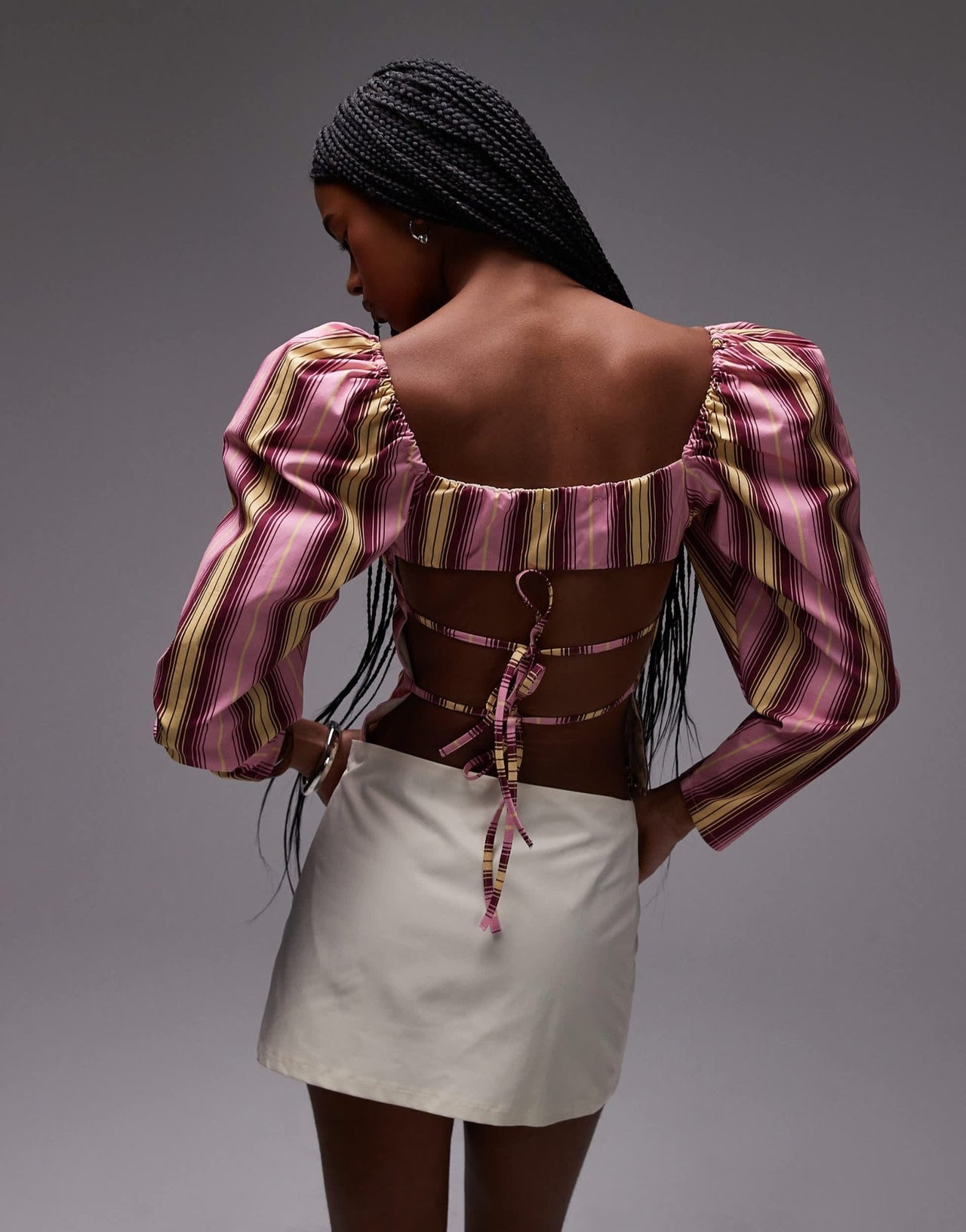 LAAGAM brigitte puff sleeve blouse with open back in pink stripe - ASOS Sample Sale