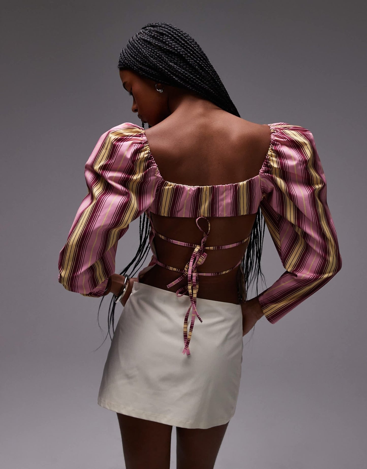LAAGAM brigitte puff sleeve blouse with open back in pink stripe - ASOS Sample Sale