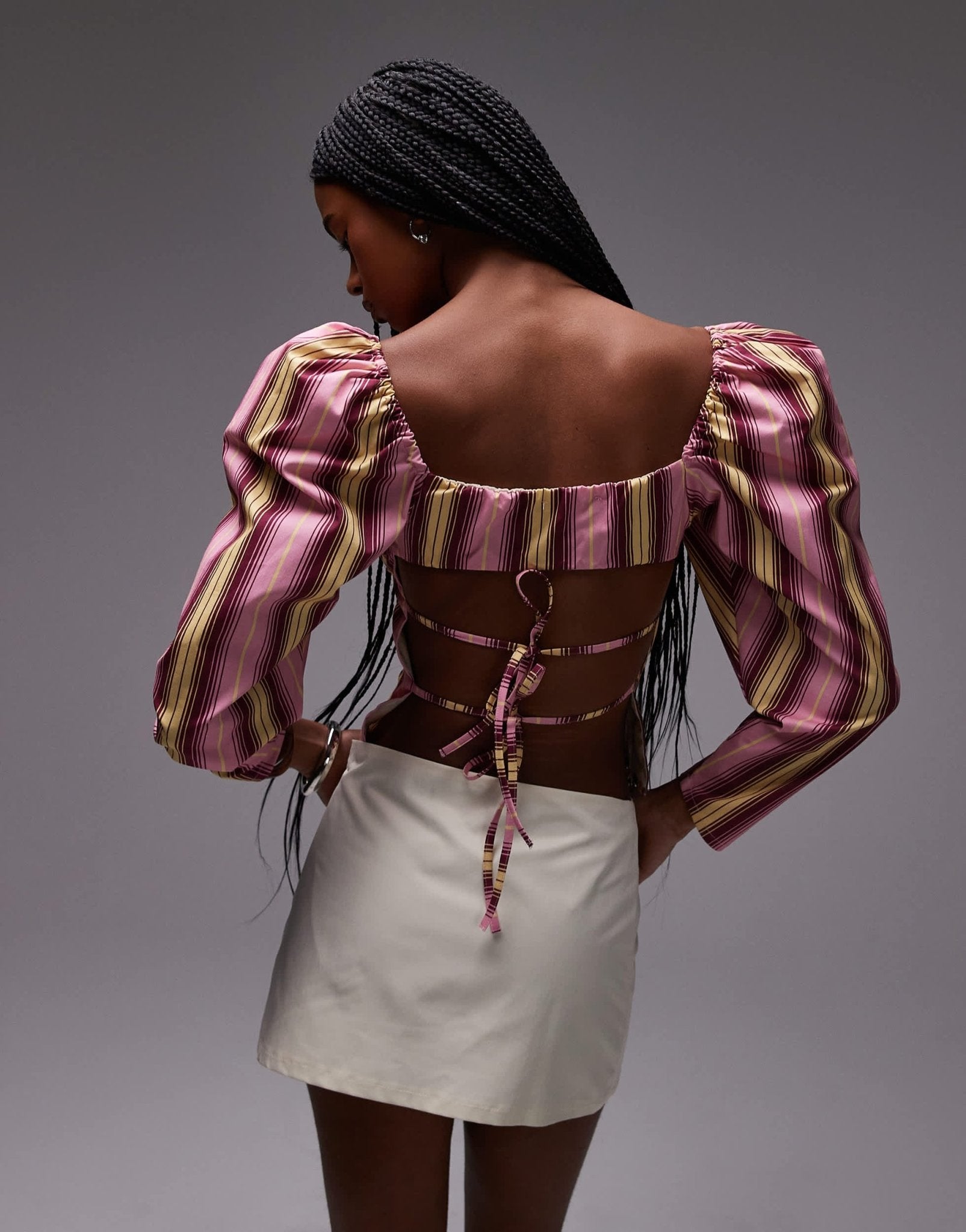 LAAGAM brigitte puff sleeve blouse with open back in pink stripe - ASOS Sample Sale