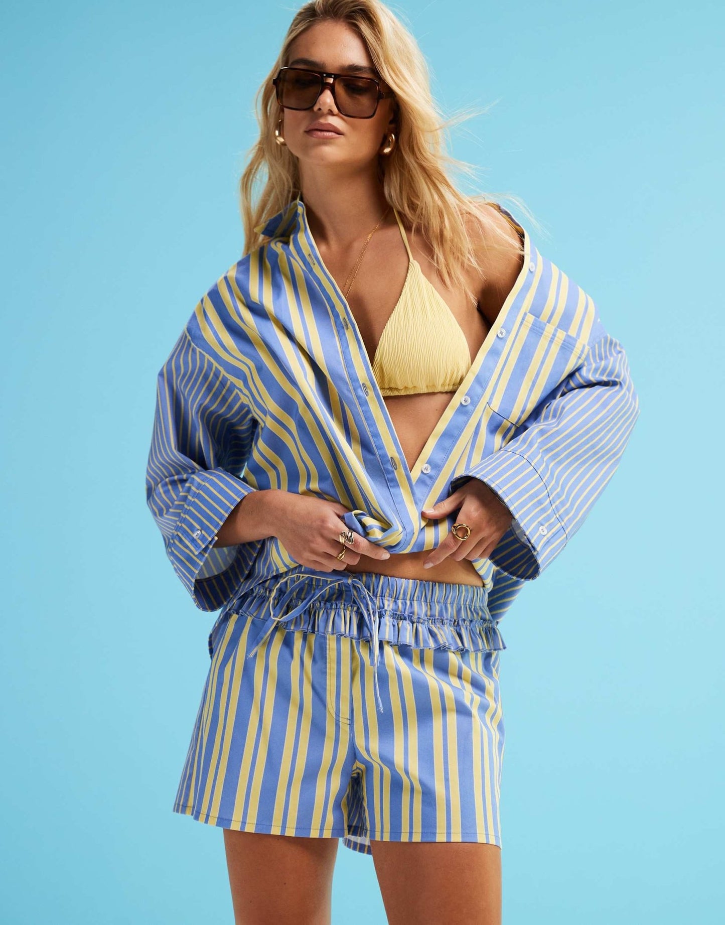 LAAGAM caos poplin boxer in contrast blue and yellow stripe co-ord - ASOS Sample Sale