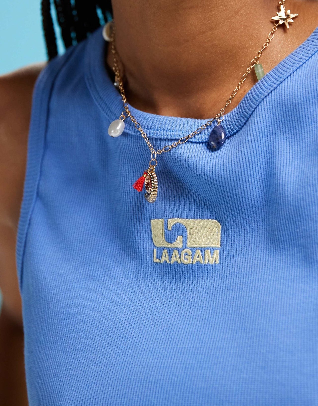 LAAGAM embroidered logo tank top in blue - ASOS Sample Sale