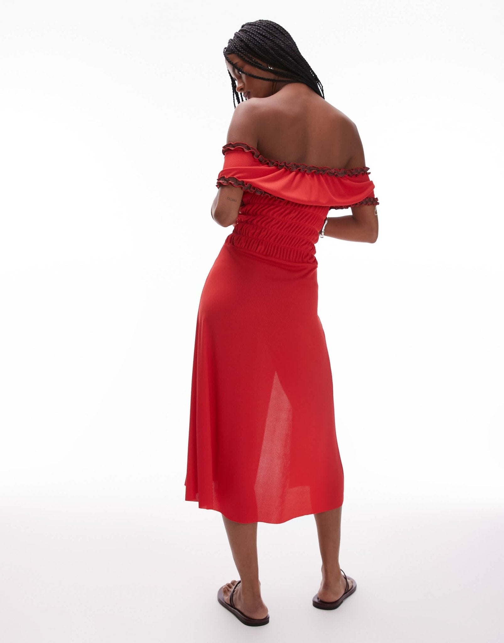 LAAGAM jade off shoulder ruffle midi dress in red - ASOS Sample Sale