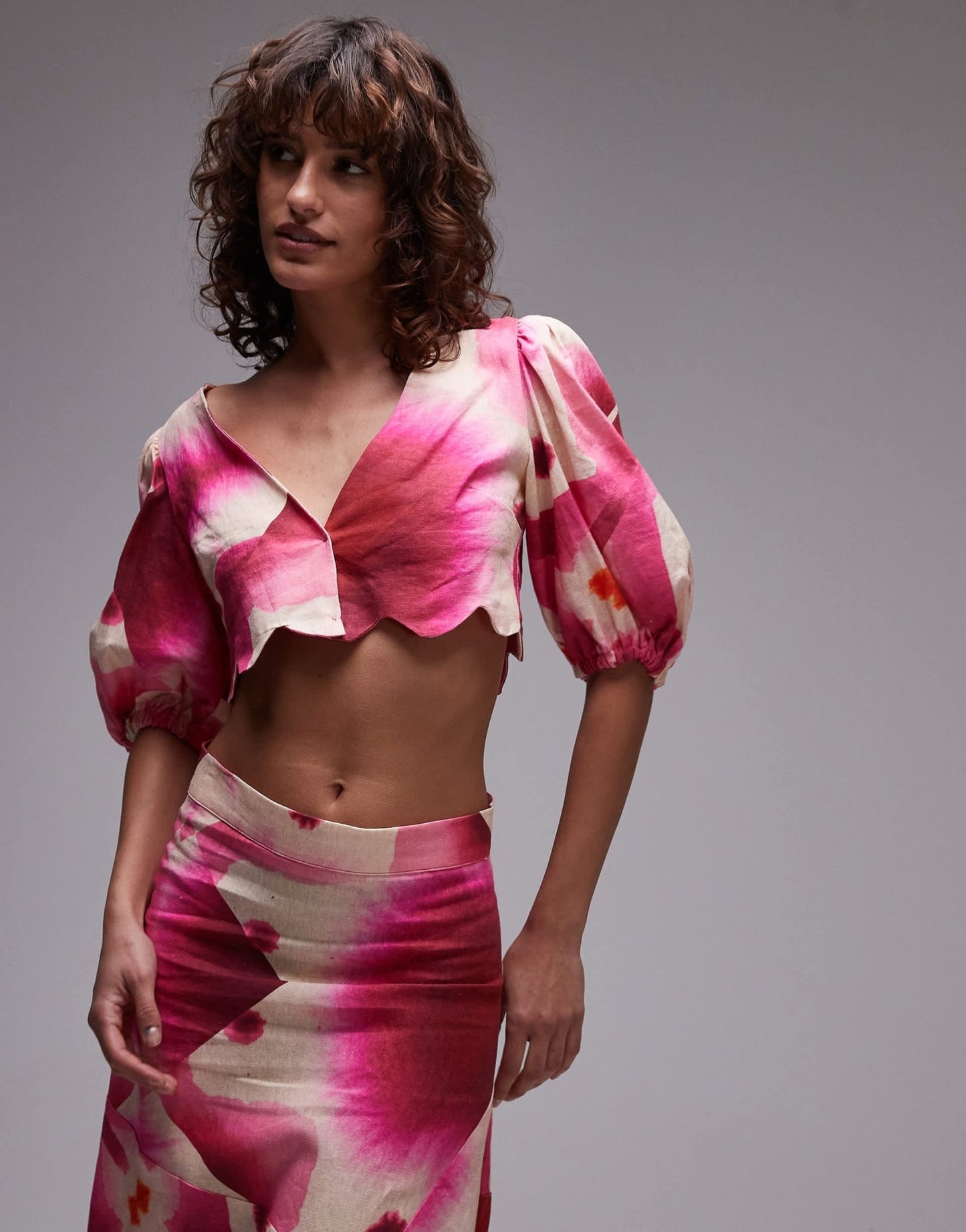 LAAGAM rose puff sleeve crop top with scallop edging in pink co-ord - ASOS Sample Sale