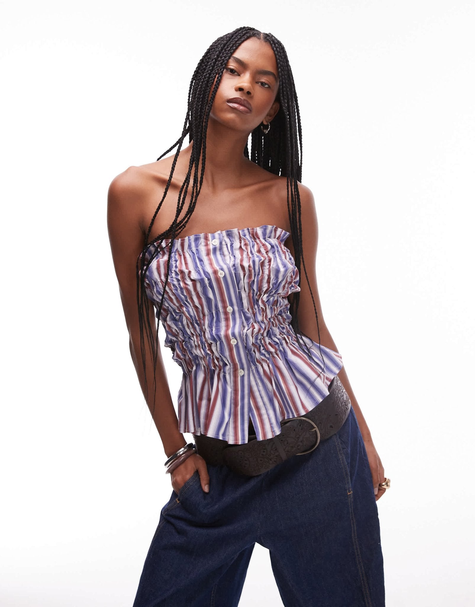 LAAGAM strapless stripe top with gathered front in multi stripe - ASOS Sample Sale