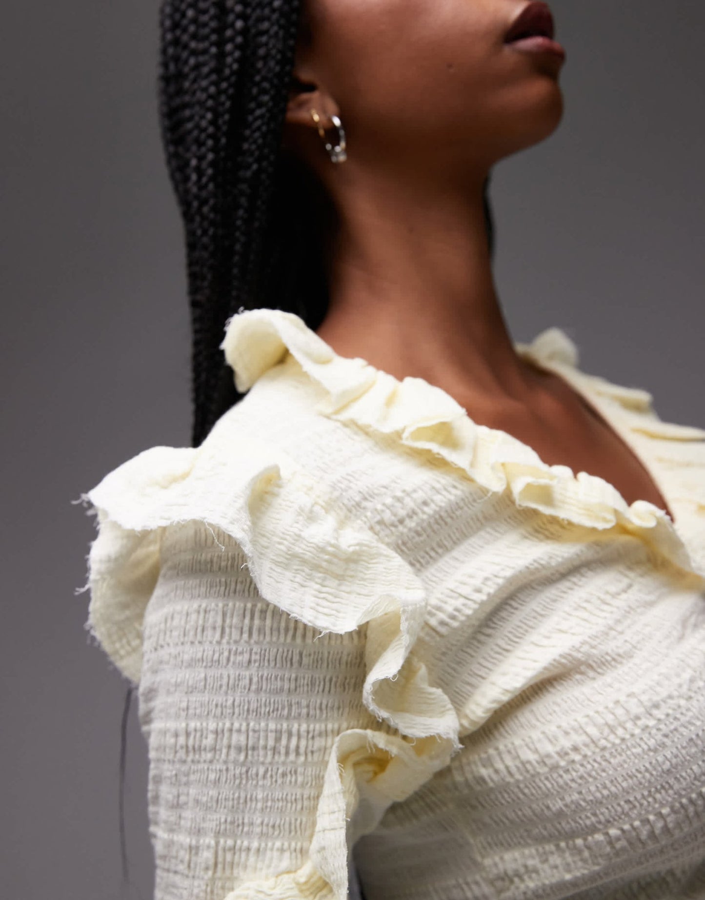 LAAGAM textured ruffle front button up blouse in white - ASOS Sample Sale