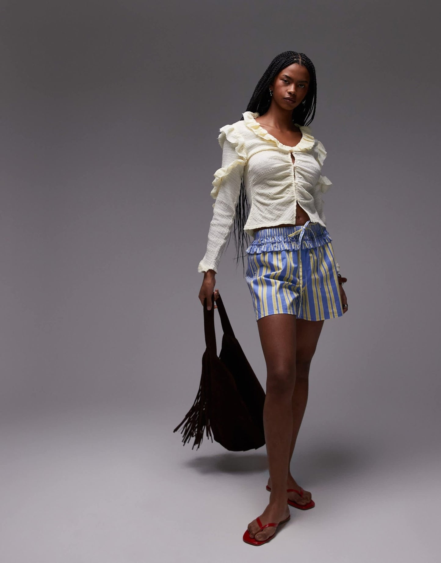 LAAGAM textured ruffle front button up blouse in white - ASOS Sample Sale