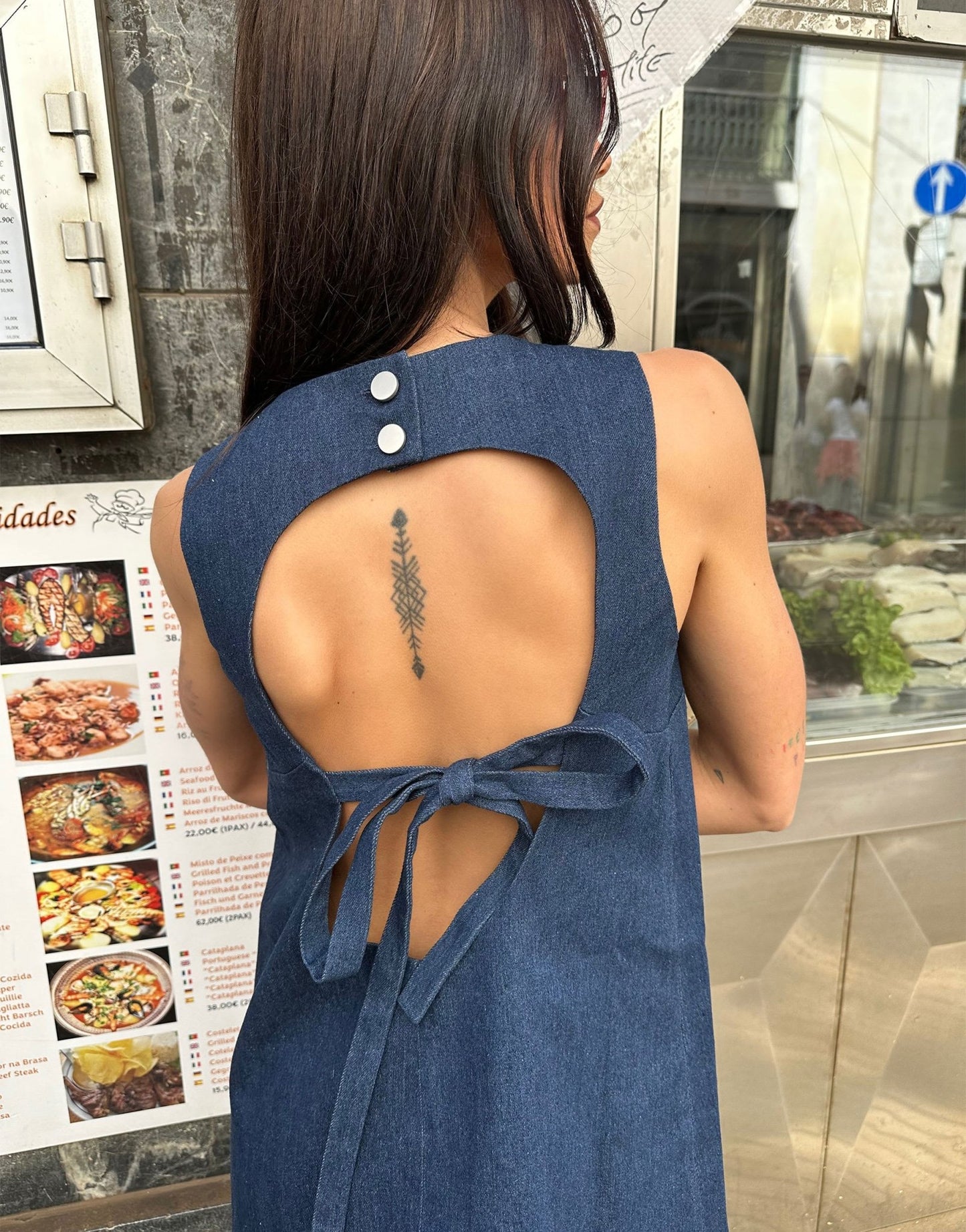 Labelrail x Barbara Ines back detail denim mini shift dress in indIgo blue - ASOS Sample Sale