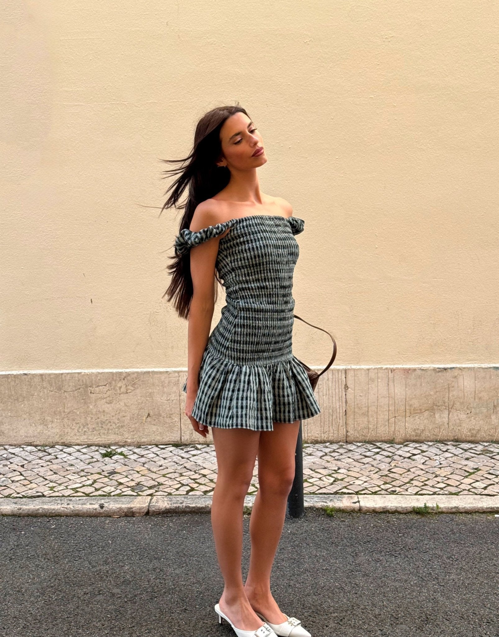 Labelrail x Barbara Ines gingham check textured mini dress in aqua blue - ASOS Sample Sale