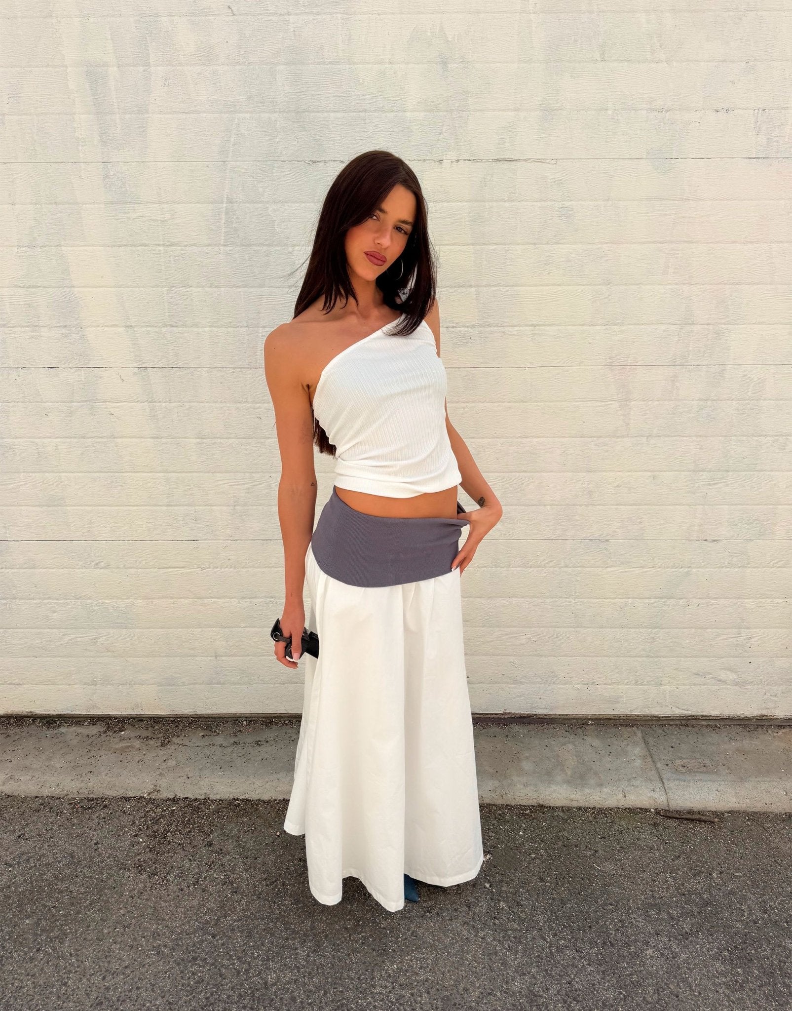 Labelrail x Barbara Ines jersey waistband midaxi skirt in white and grey - ASOS Sample Sale