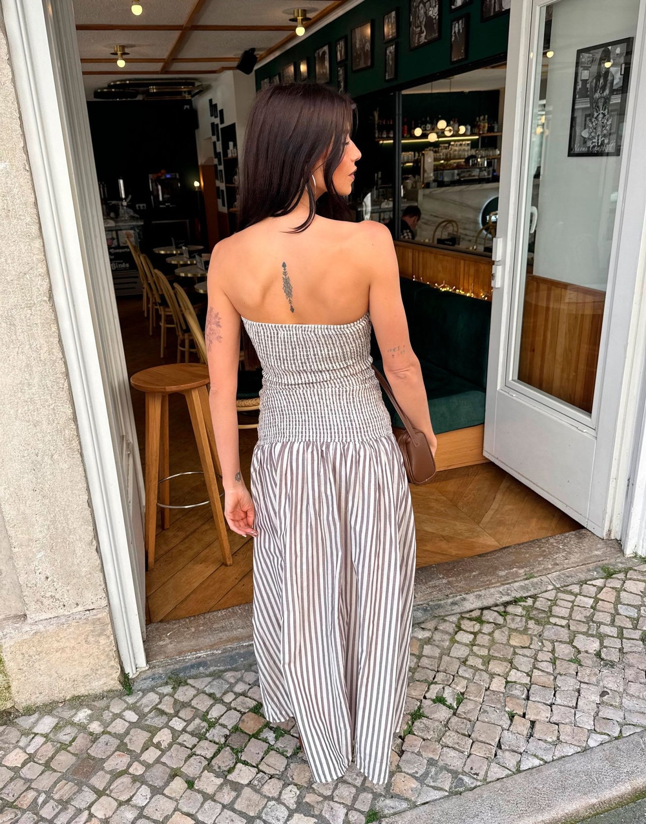 Labelrail x Barbara Ines shirred stripe midi dress in brown - ASOS Sample Sale