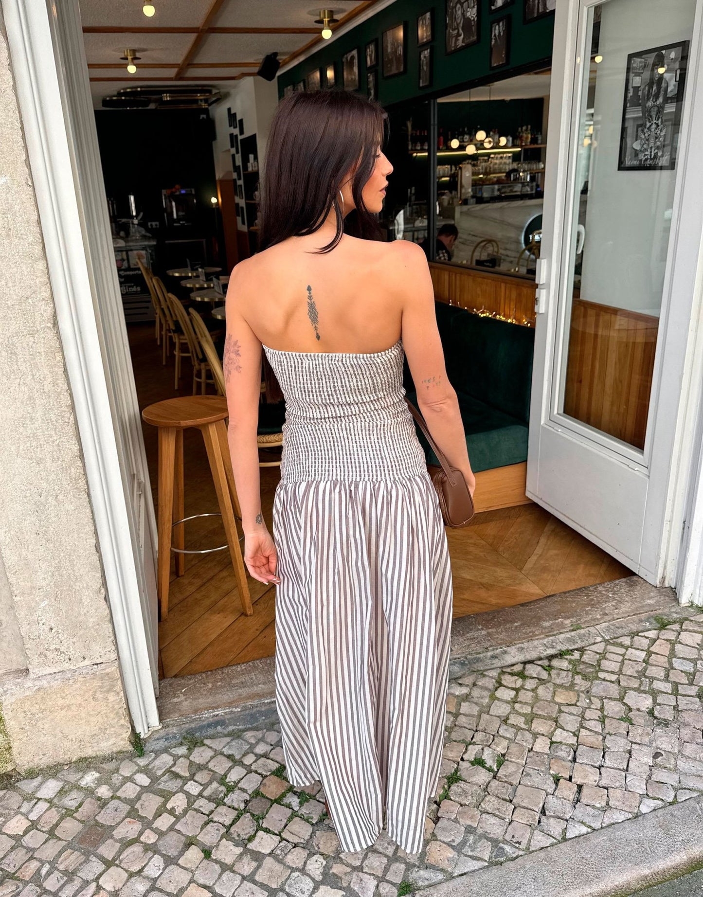 Labelrail x Barbara Ines shirred stripe midi dress in brown - ASOS Sample Sale