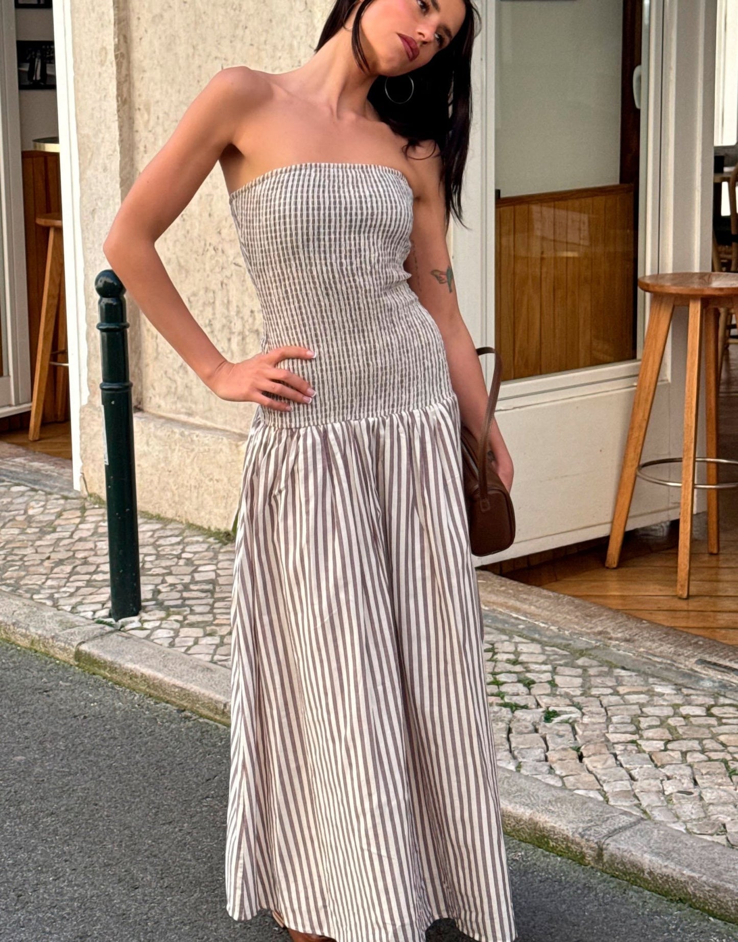 Labelrail x Barbara Ines shirred stripe midi dress in brown - ASOS Sample Sale